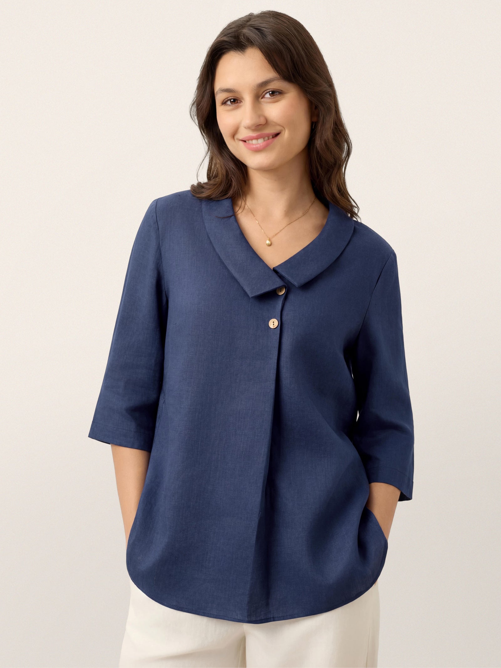 100% Linen Asymmetric Collar Inverted Pleat Top OTTILIE