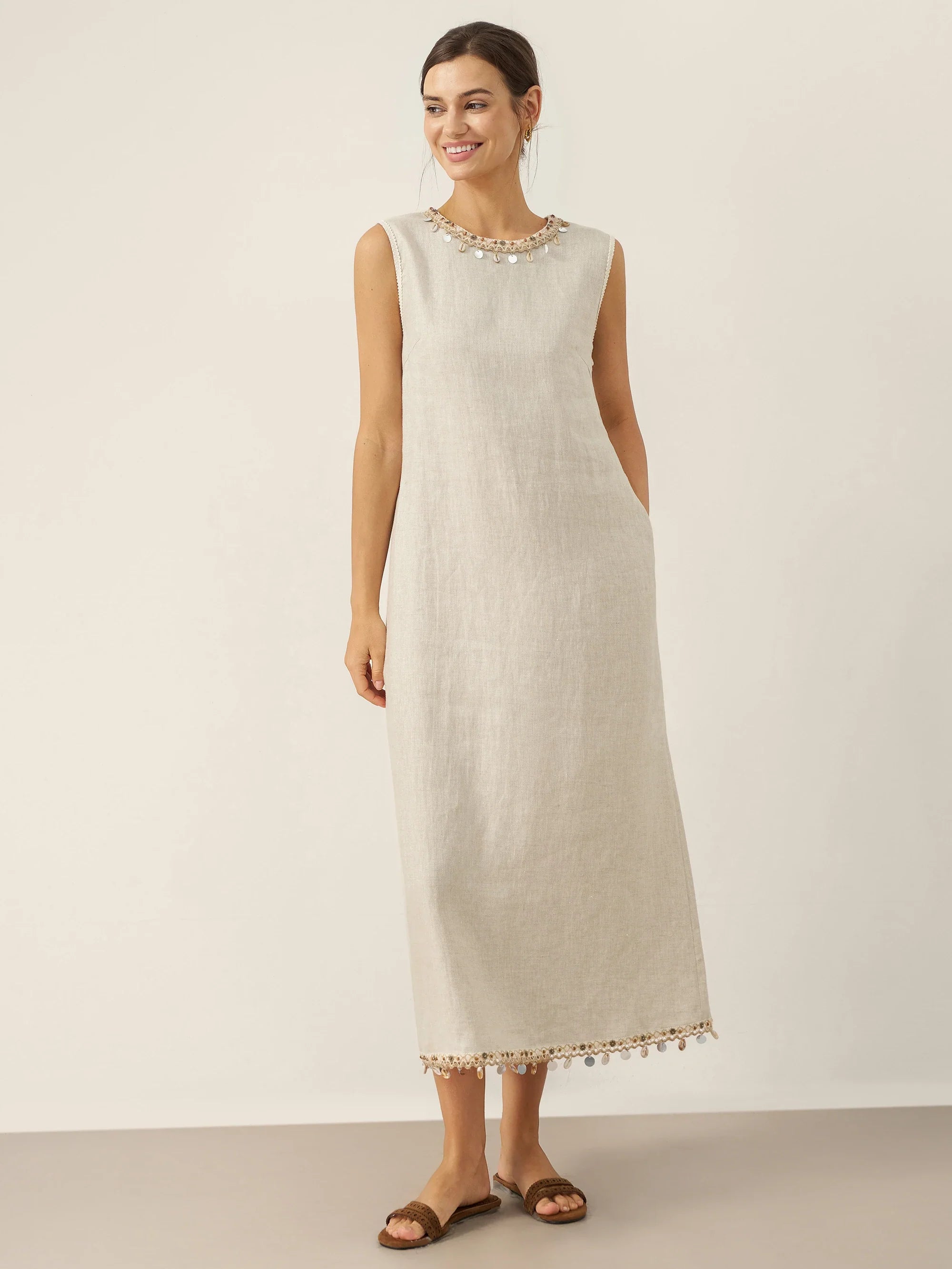 100% Linen Beaded Crew Neck Midi Dress with Belt BELLA