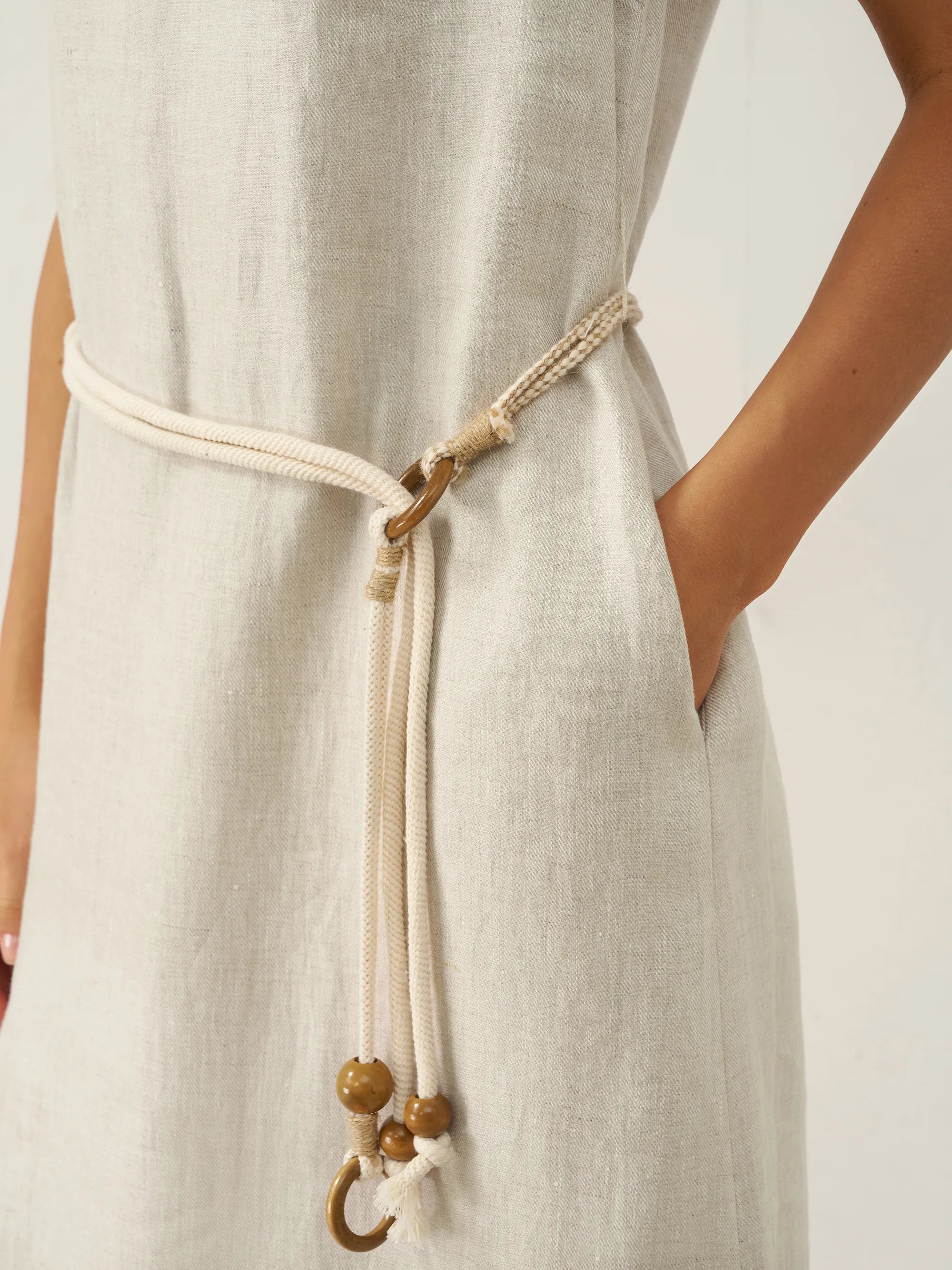 100% Linen Beaded Crew Neck Midi Dress with Belt BELLA
