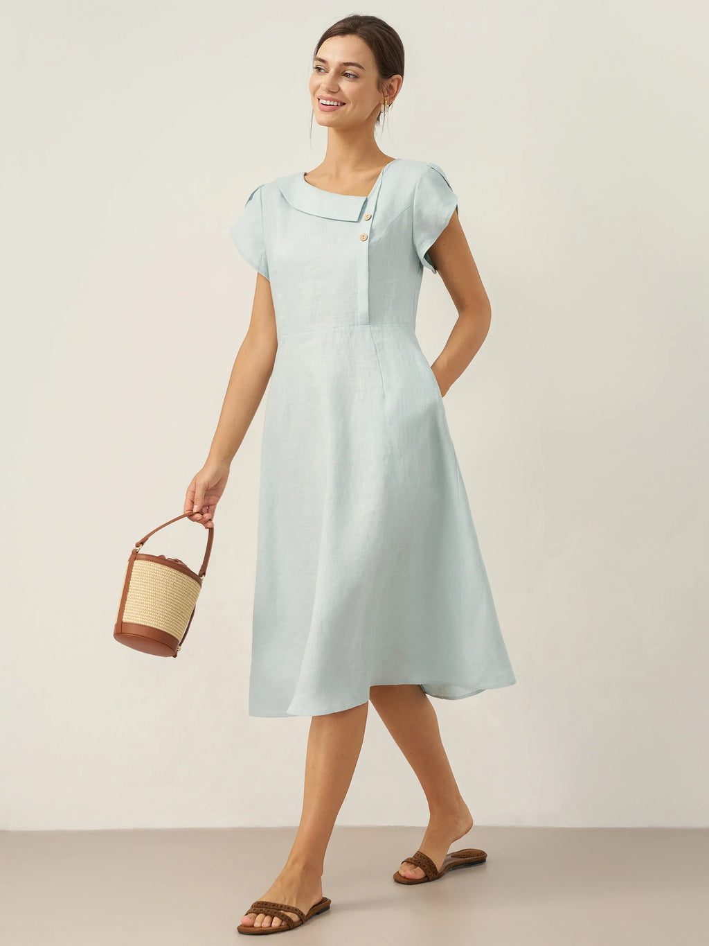 100% Linen Crescent Collar Flutter Sleeve Mini Dress FIONA