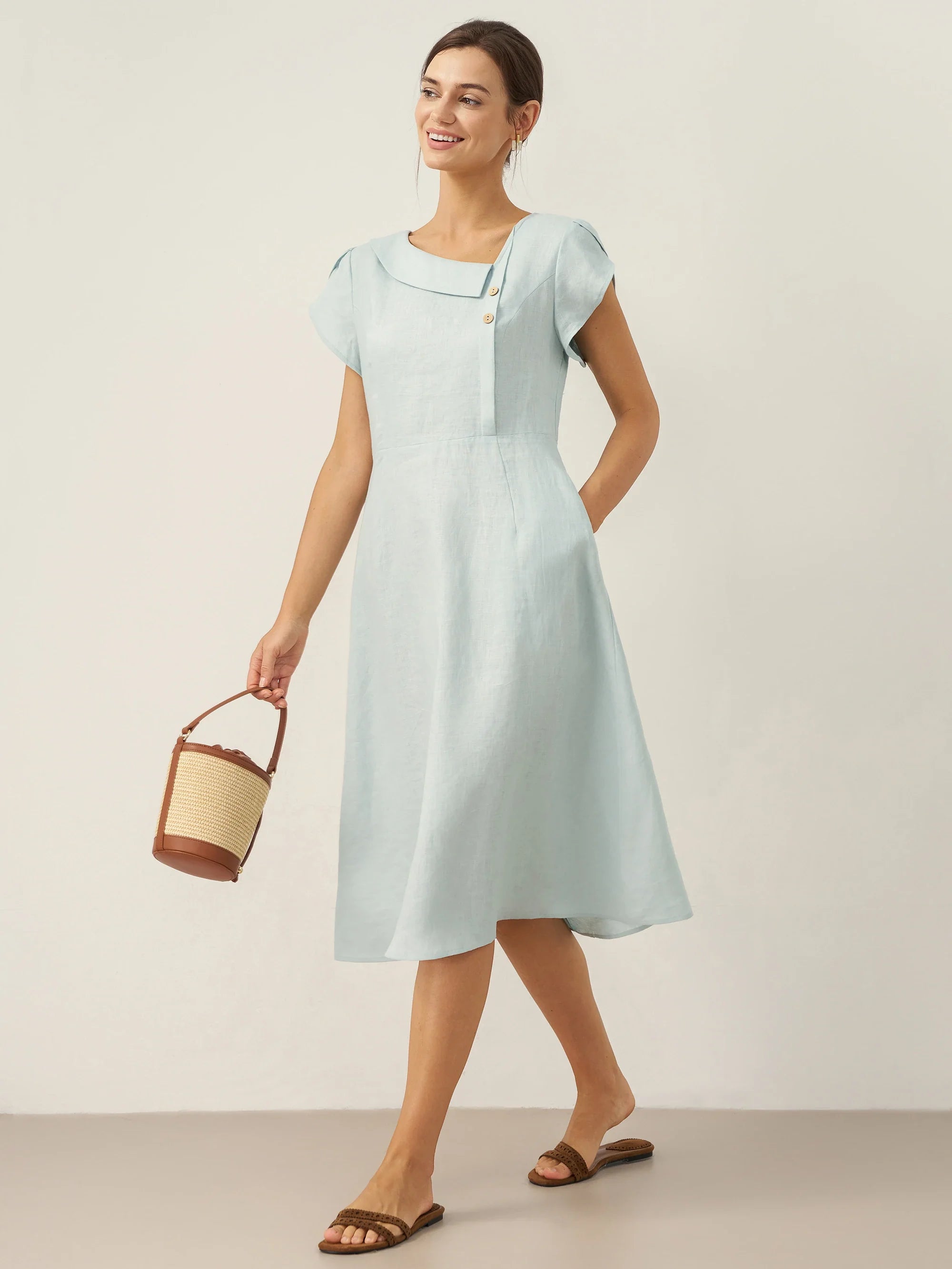 100% Linen Crescent Collar Flutter Sleeve Mini Dress FIONA