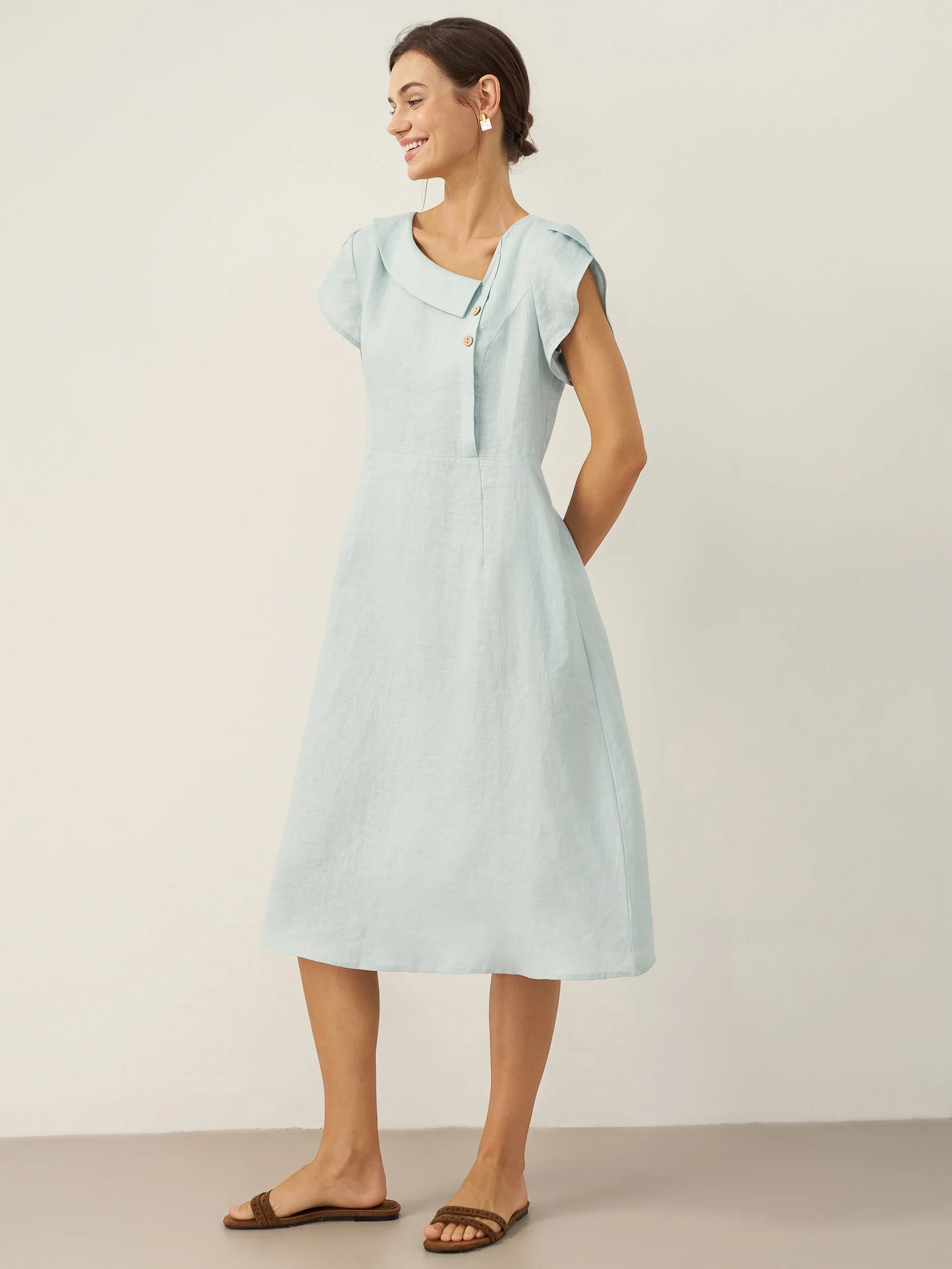 100% Linen Crescent Collar Flutter Sleeve Mini Dress FIONA