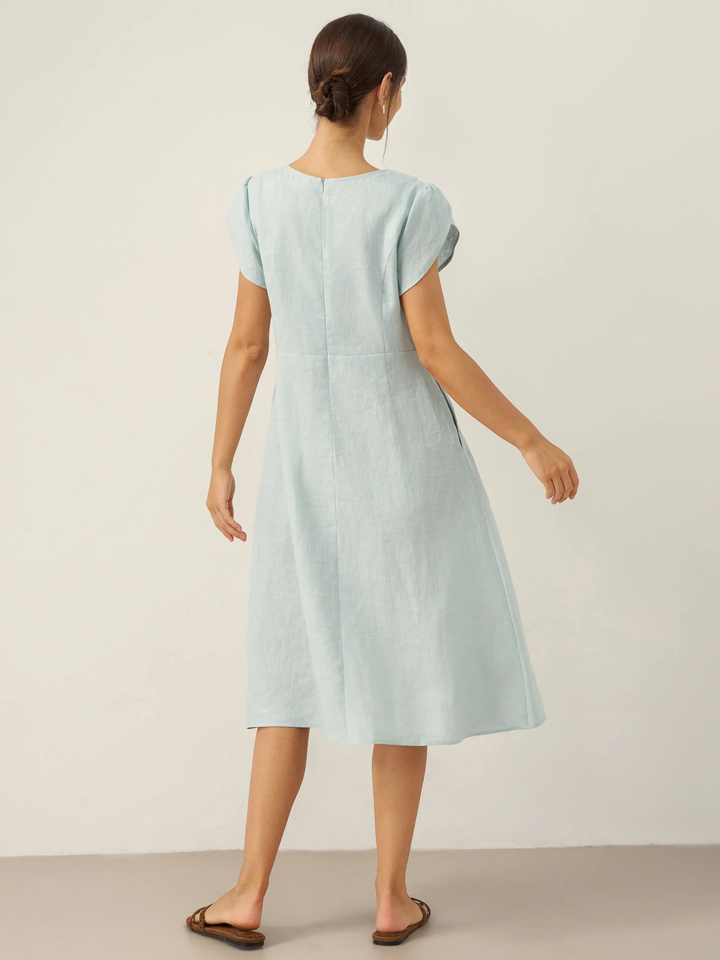 100% Linen Crescent Collar Flutter Sleeve Mini Dress FIONA