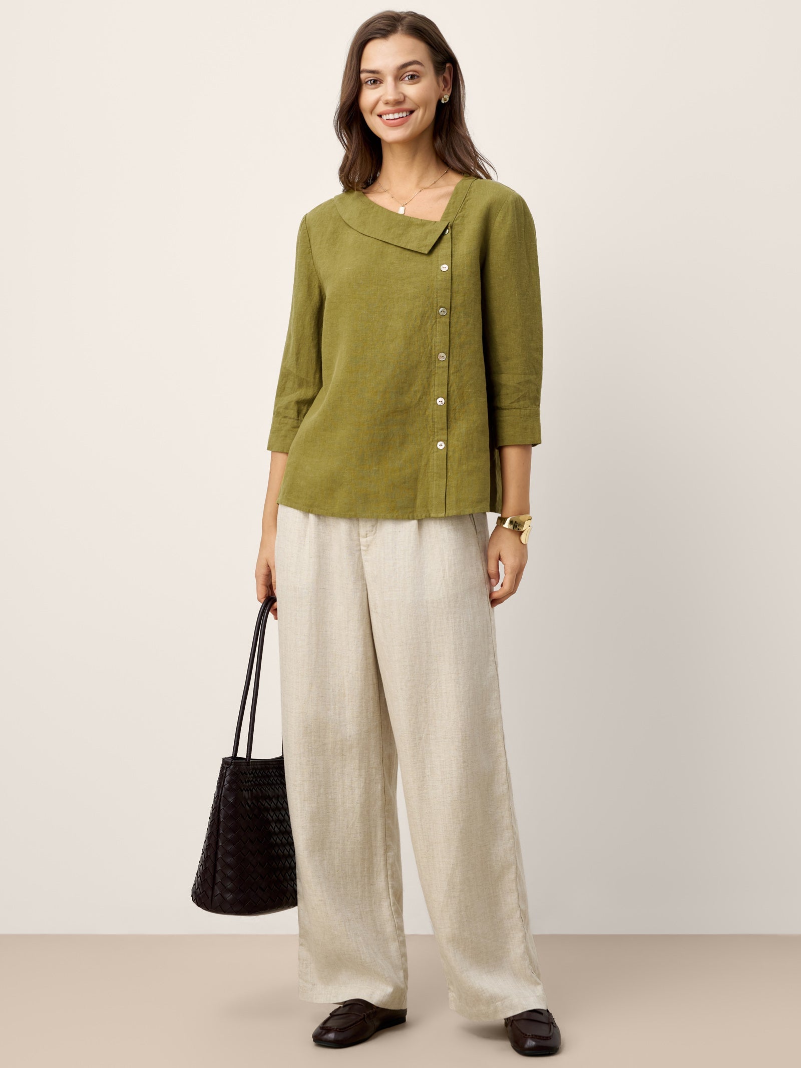 100% Linen Crescent Neck Button Detail 3/4 Sleeve Top ADALYN