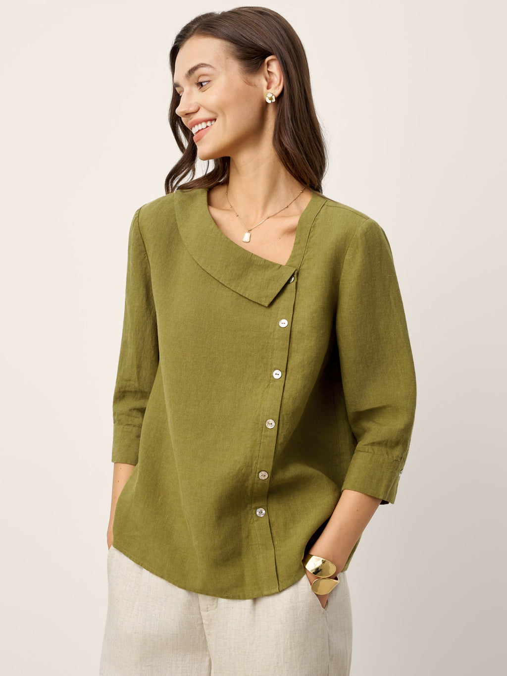 100% Linen Crescent Neck Button Detail 3/4 Sleeve Top ADALYN