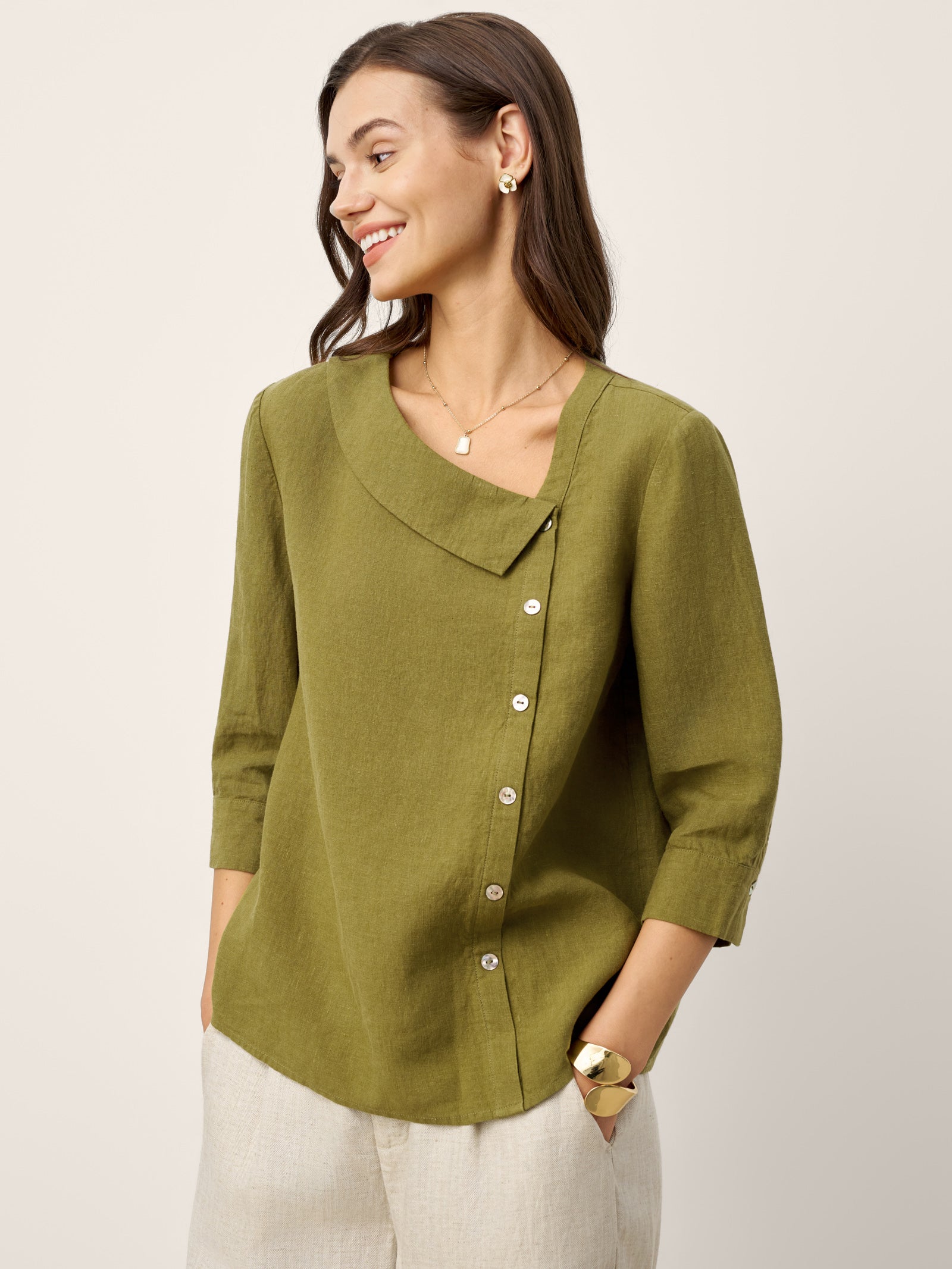 100% Linen Crescent Neck Button Detail 3/4 Sleeve Top ADALYN
