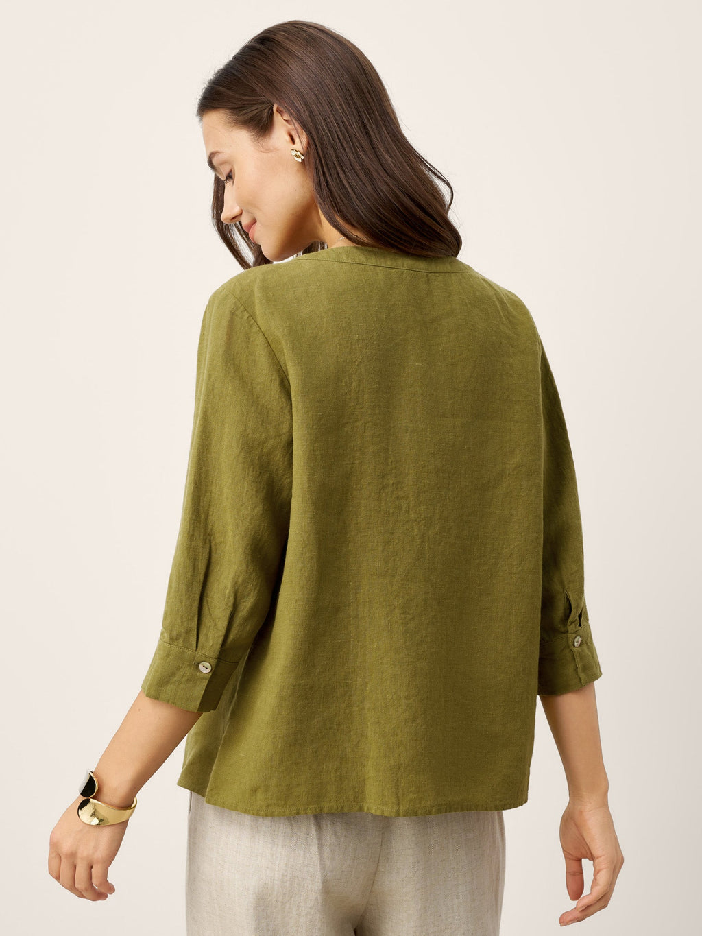 100% Linen Crescent Neck Button Detail 3/4 Sleeve Top ADALYN