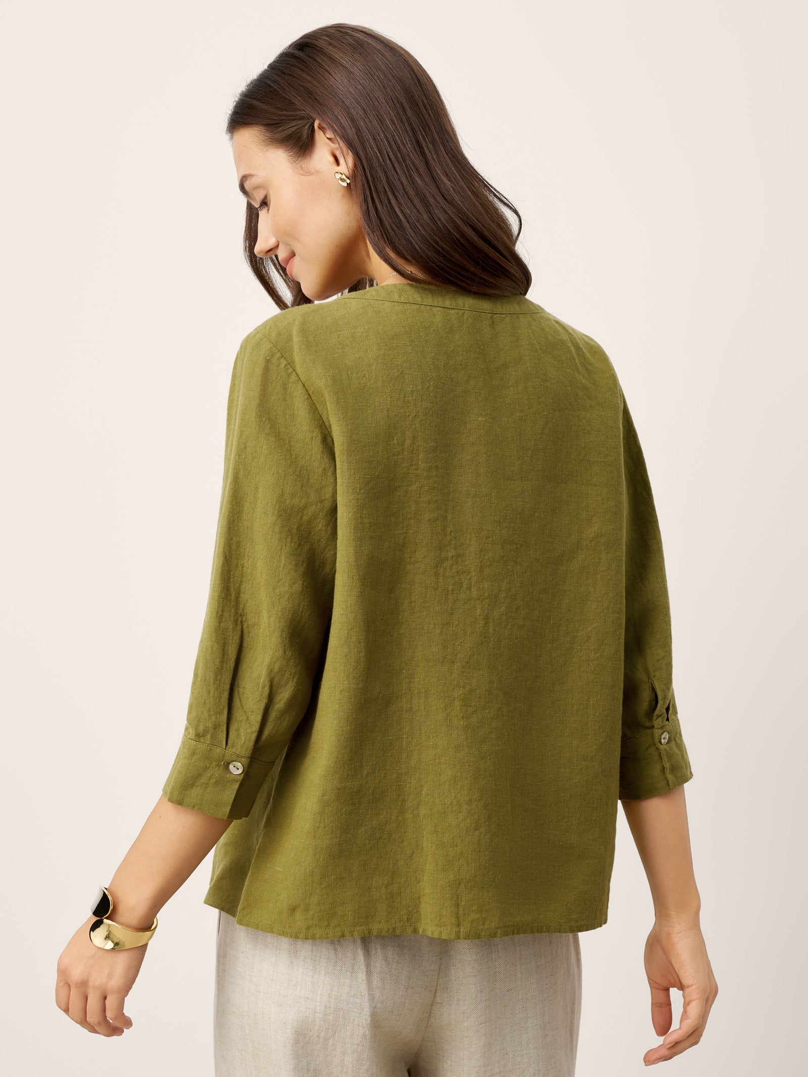 100% Linen Crescent Neck Button Detail 3/4 Sleeve Top ADALYN
