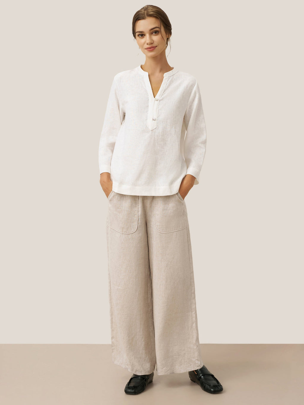 100% Linen Deep V-Neck Pullover with Button-Trim JOLYNE
