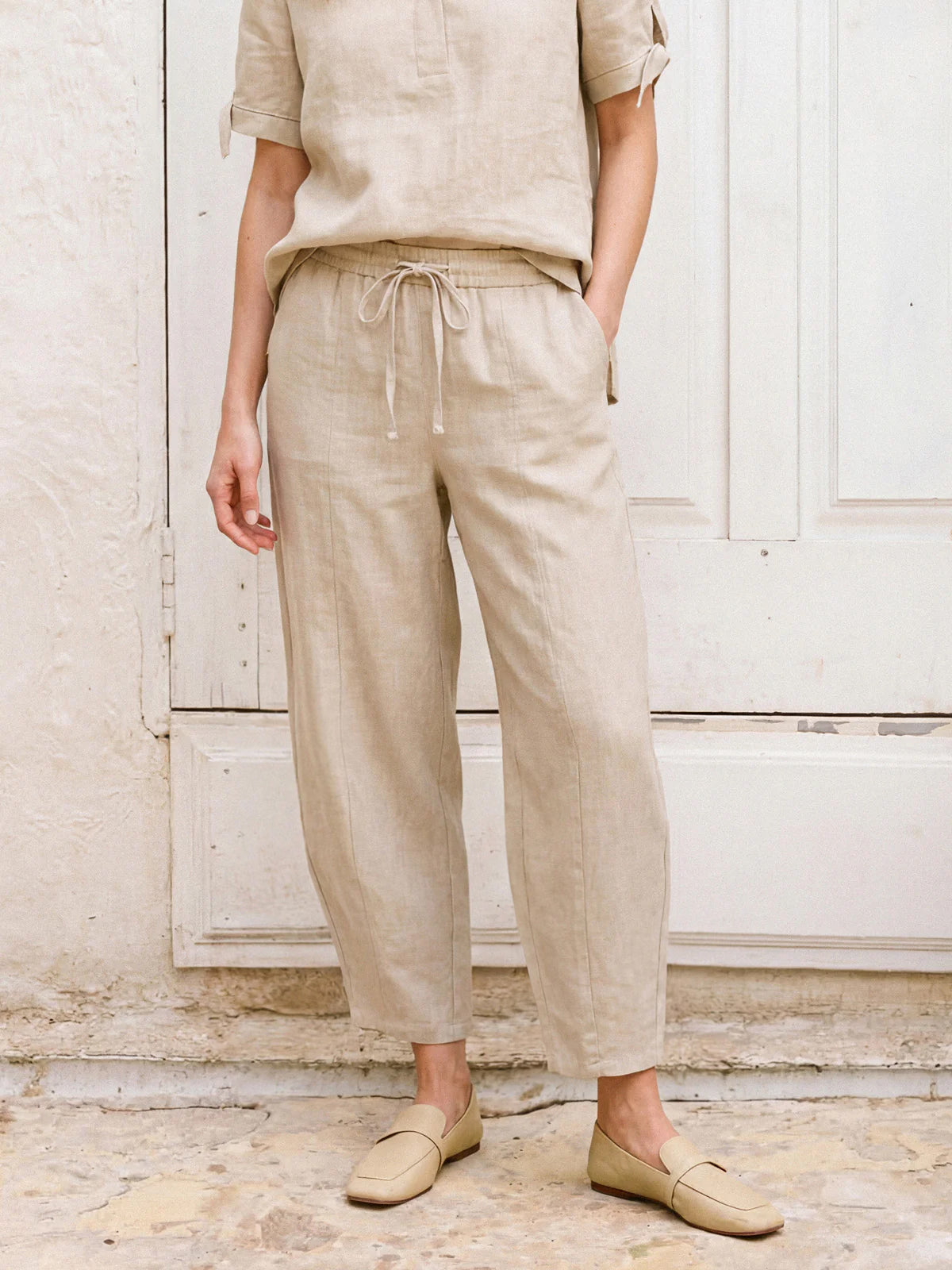 100% Linen Drawstring Waist Tapered Cropped Pants LANEY