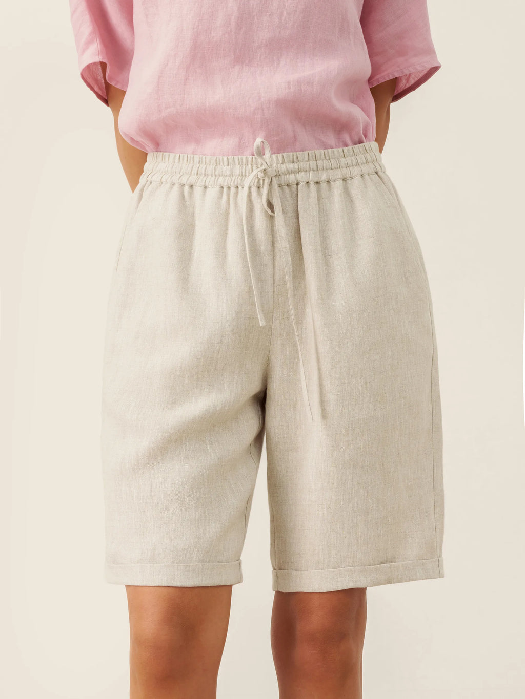 100% Linen Elastic Drawstring Waist Capri Pants XIMENA
