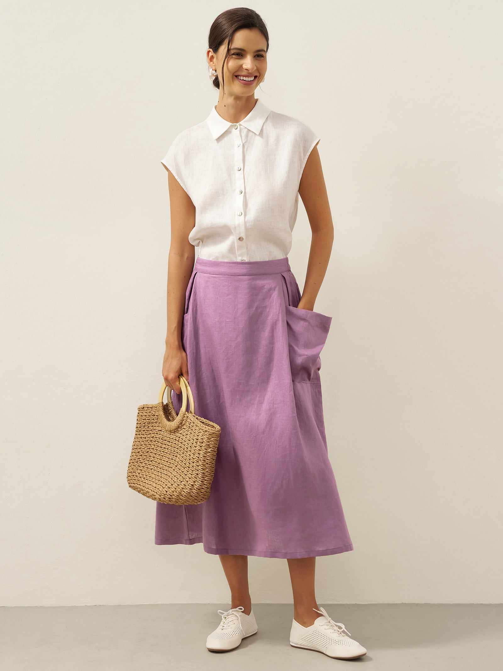 Linen Checked Elastic Waist Skirt MARINA