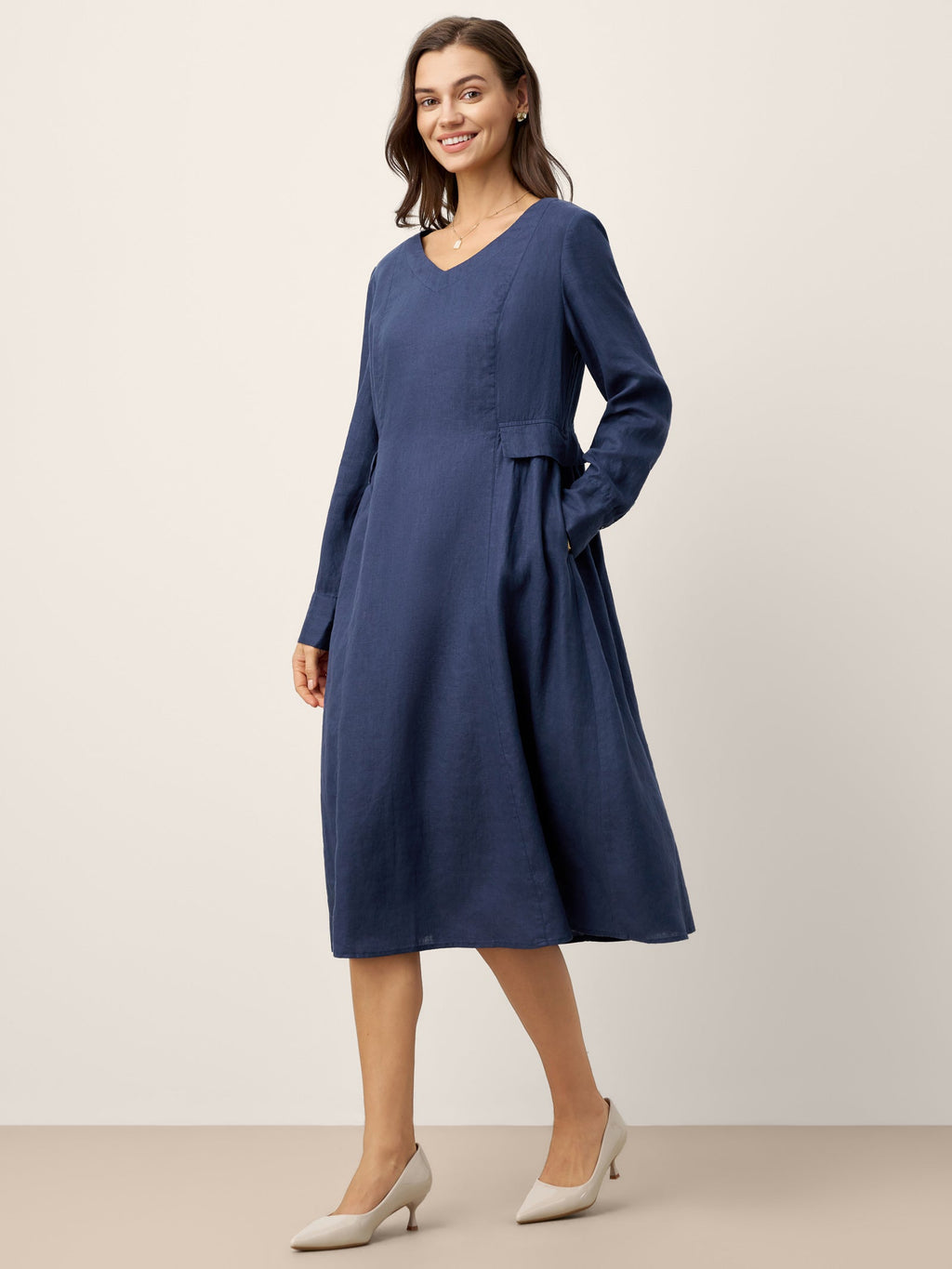 100% Linen Gathered Waist Flap Detail Midi Dress DIANA