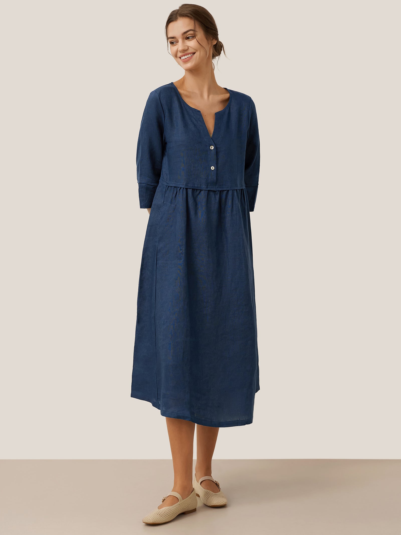 100% Linen Loose Fit Button Waist Gathered Midi Dress LUNA