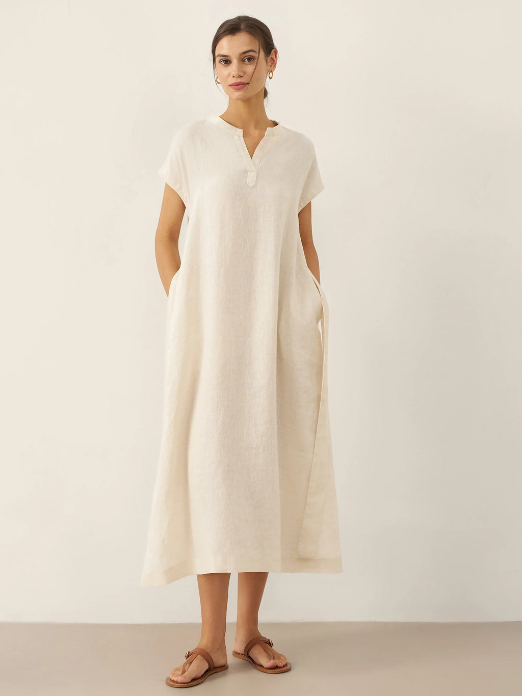 100% Linen Mandarin Collar Midi Dress with Detachable Belt MARGARET