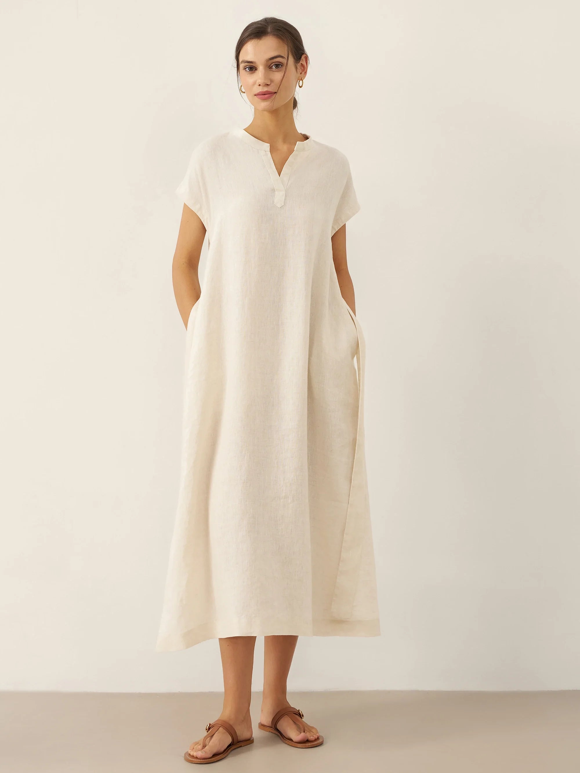 100% Linen Mandarin Collar Midi Dress with Detachable Belt MARGARET