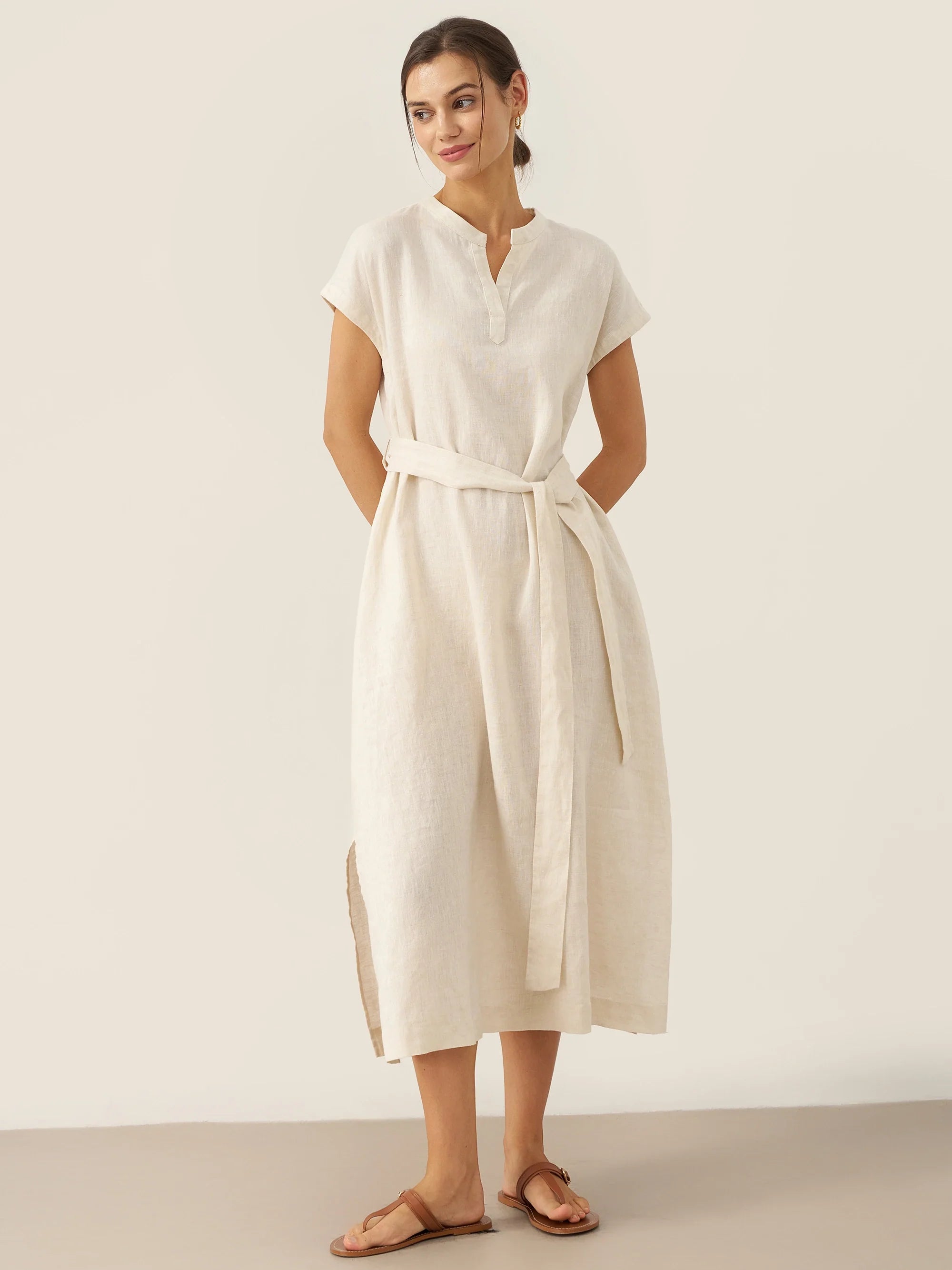 100% Linen Mandarin Collar Midi Dress with Detachable Belt MARGARET