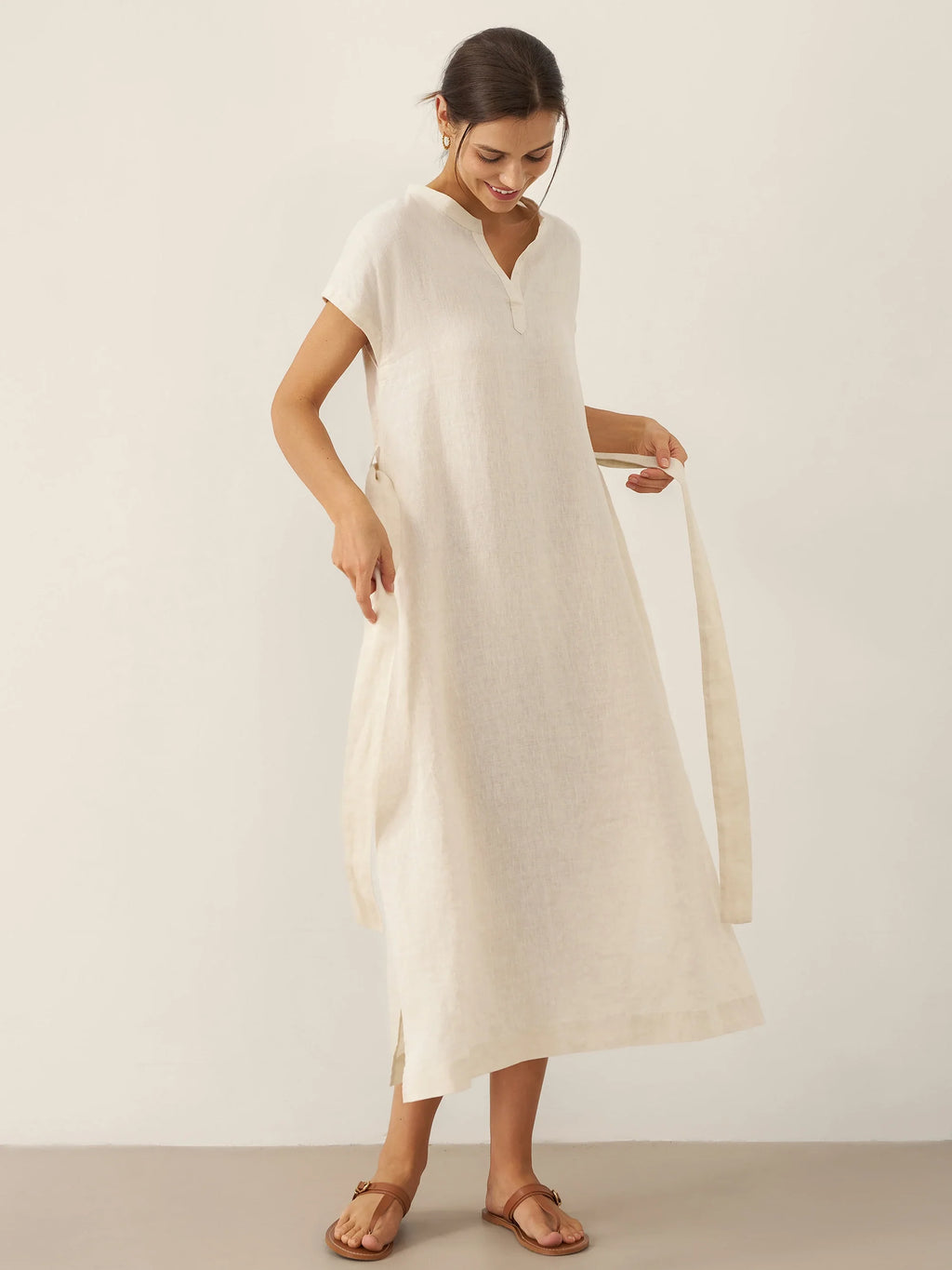 100% Linen Mandarin Collar Midi Dress with Detachable Belt MARGARET
