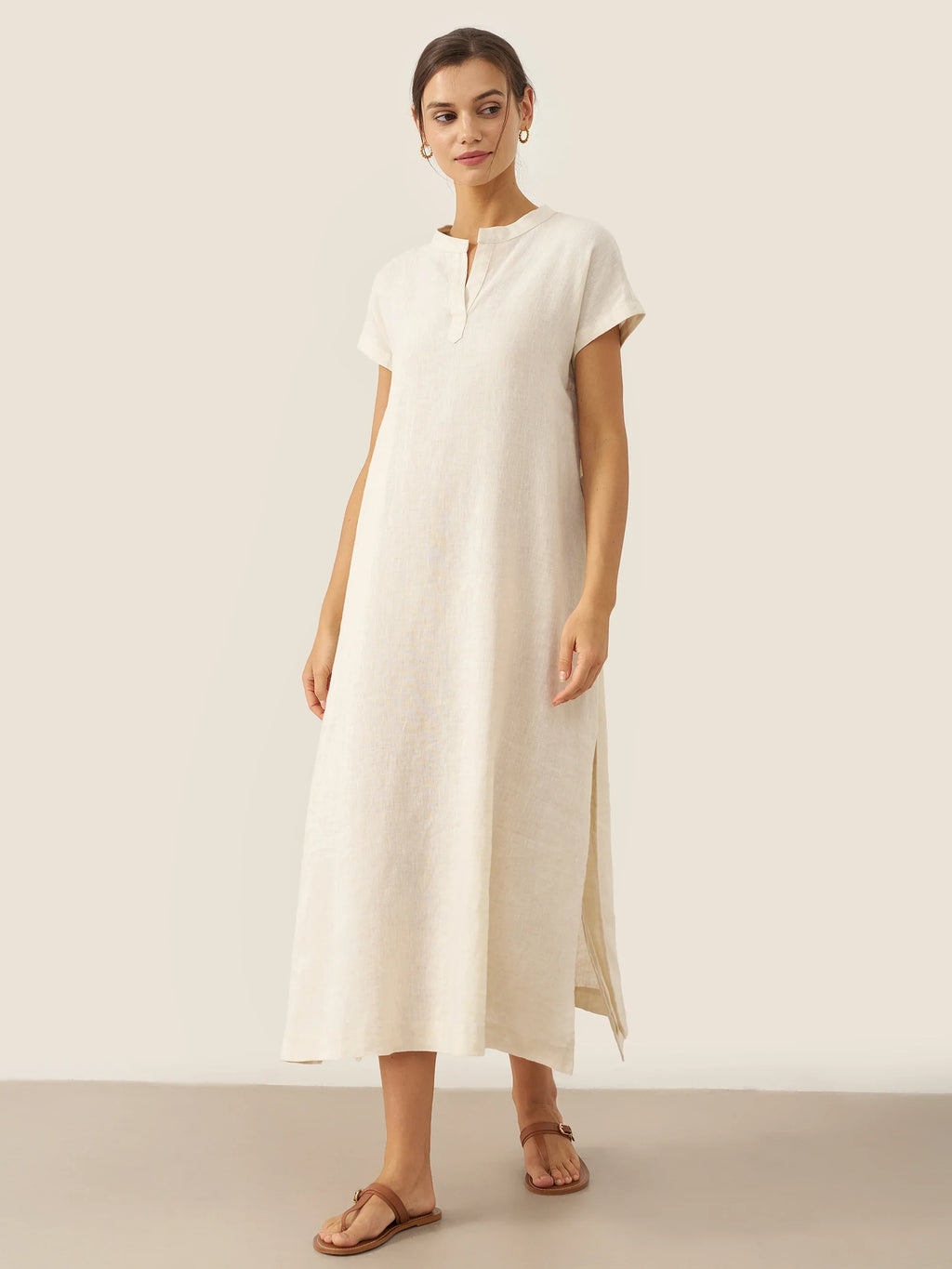100% Linen Mandarin Collar Midi Dress with Detachable Belt MARGARET