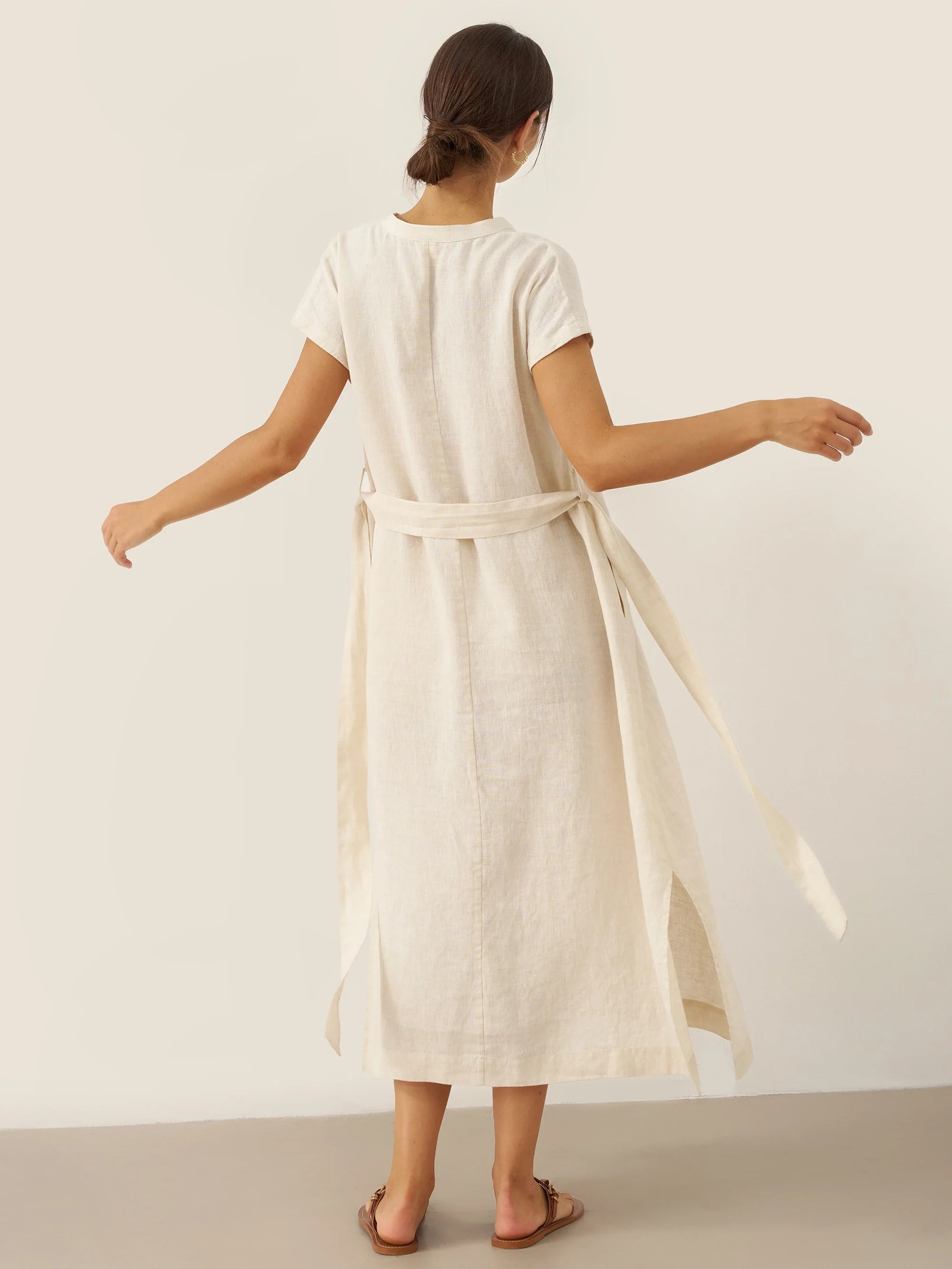 100% Linen Mandarin Collar Midi Dress with Detachable Belt MARGARET