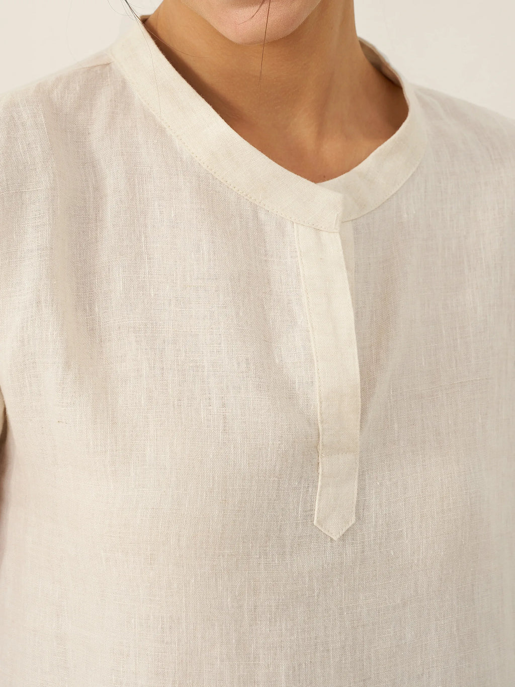 100% Linen Mandarin Collar Midi Dress with Detachable Belt MARGARET