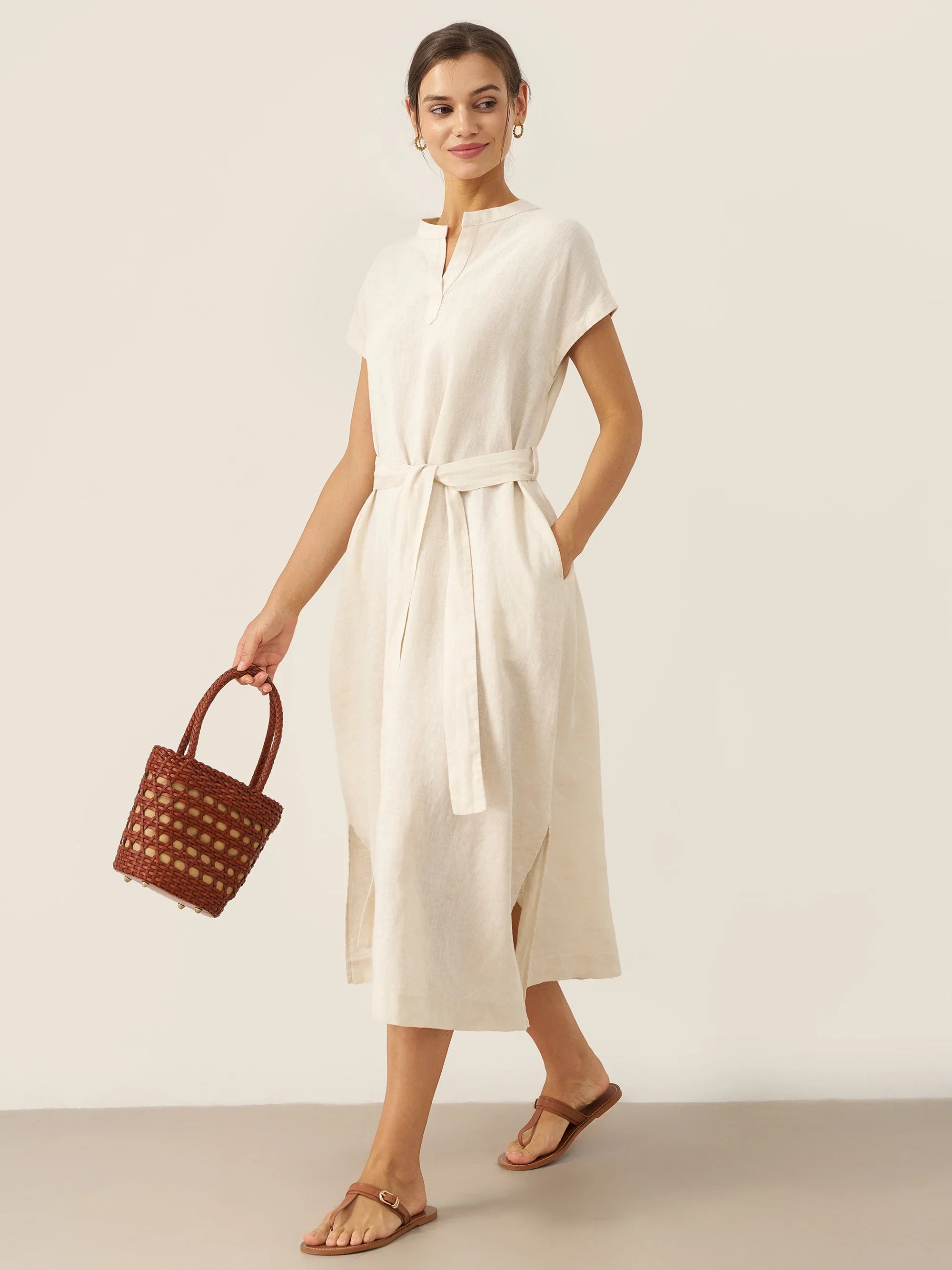 100% Linen Mandarin Collar Midi Dress with Detachable Belt MARGARET