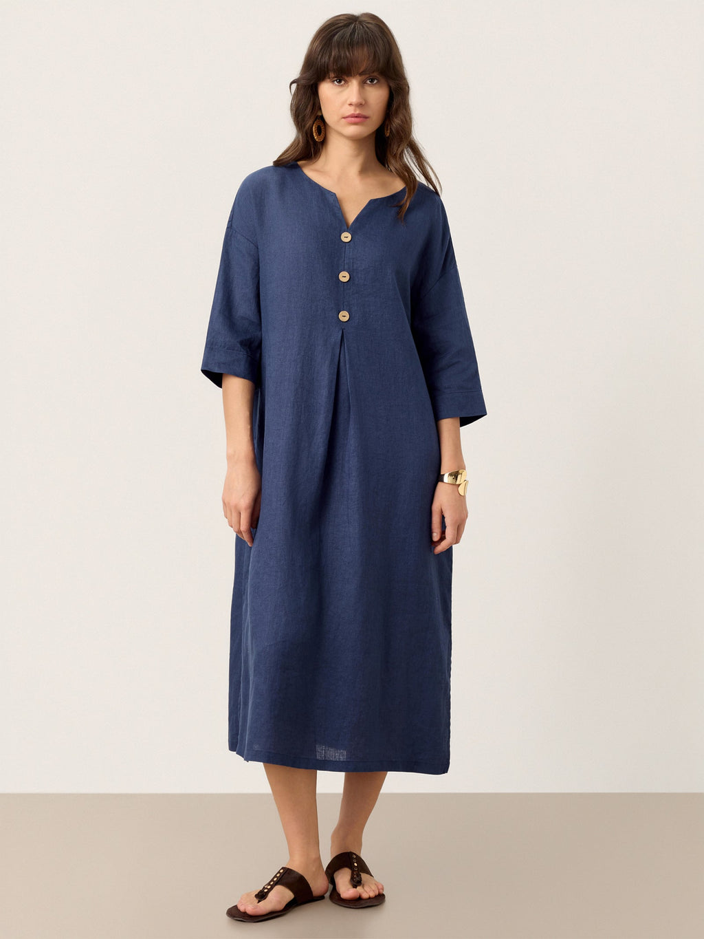 100% Linen Notch Neck Inverted Pleat Midi Dress MATILDE