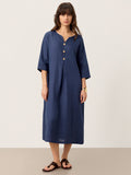 100% Linen Notch Neck Inverted Pleat Midi Dress MATILDE