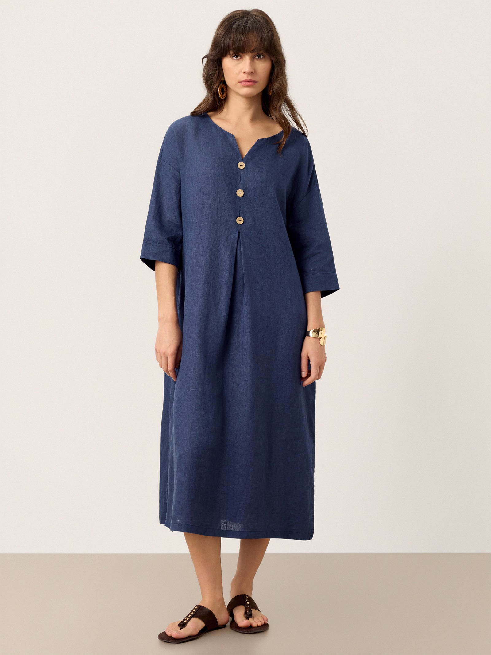 100% Linen Notch Neck Inverted Pleat Midi Dress MATILDE