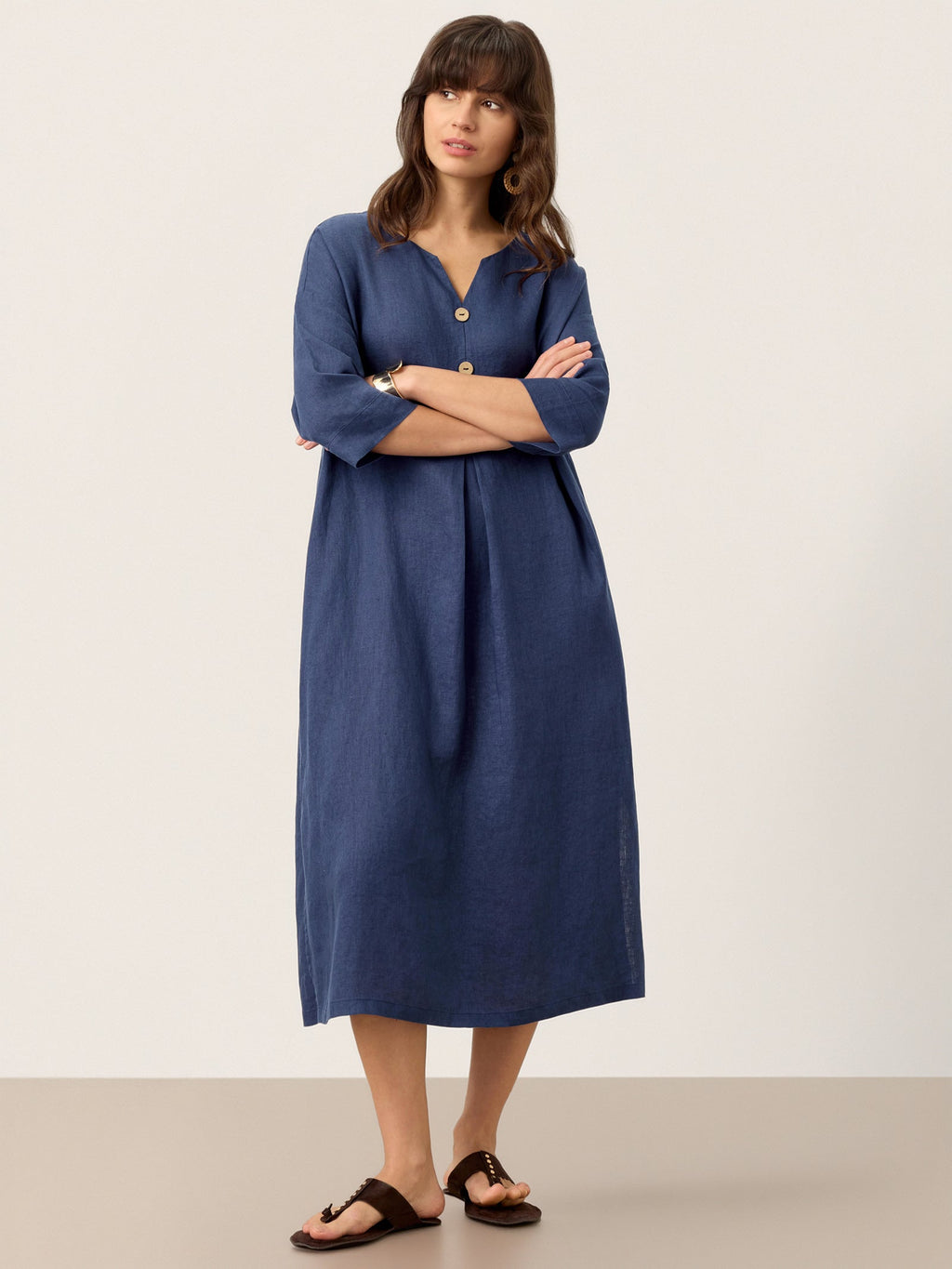 100% Linen Notch Neck Inverted Pleat Midi Dress MATILDE