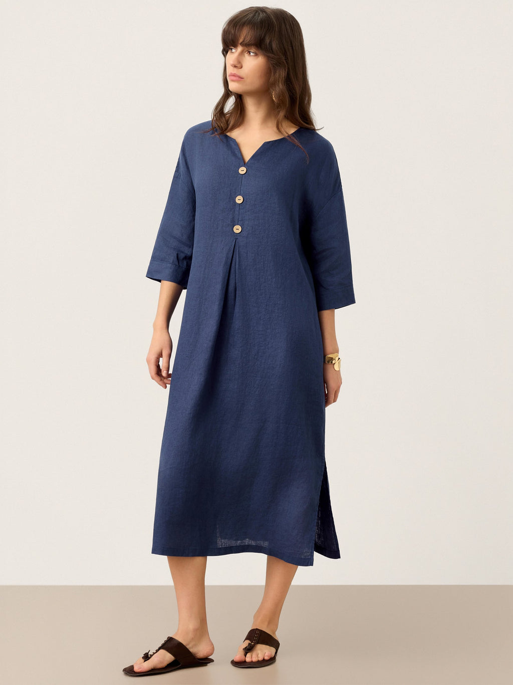 100% Linen Notch Neck Inverted Pleat Midi Dress MATILDE