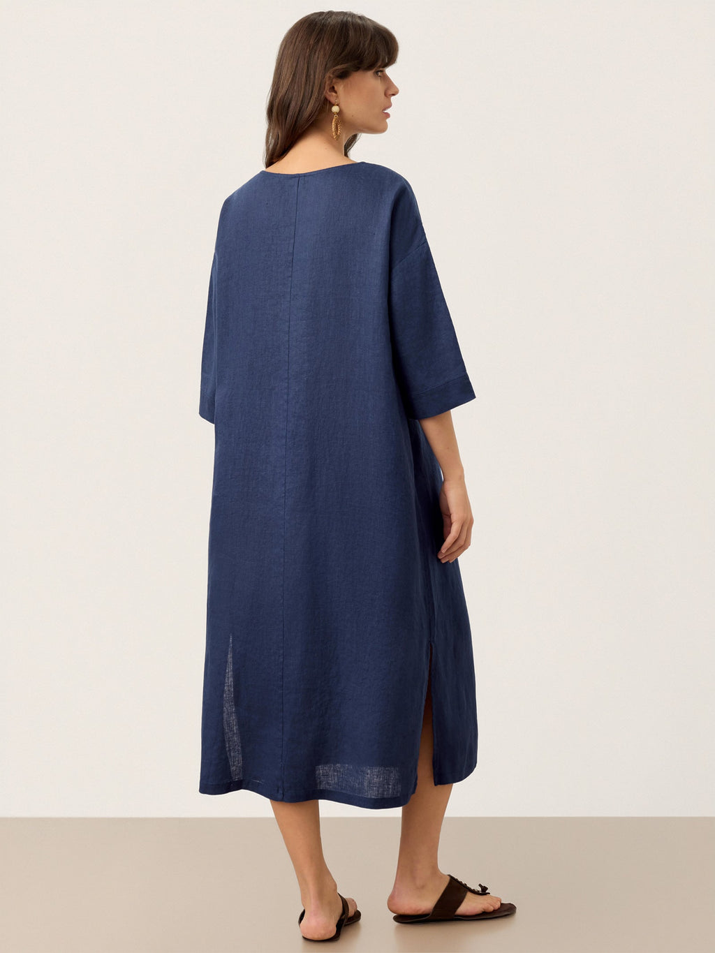 100% Linen Notch Neck Inverted Pleat Midi Dress MATILDE