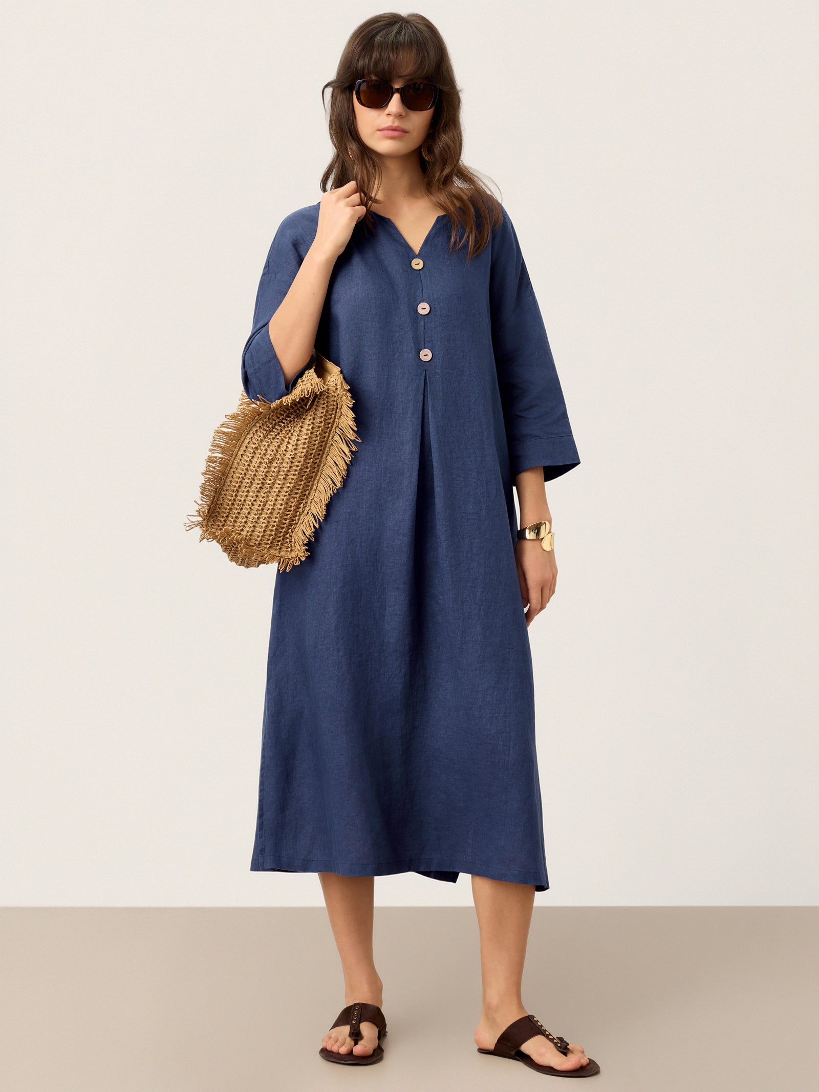 100% Linen Notch Neck Inverted Pleat Midi Dress MATILDE