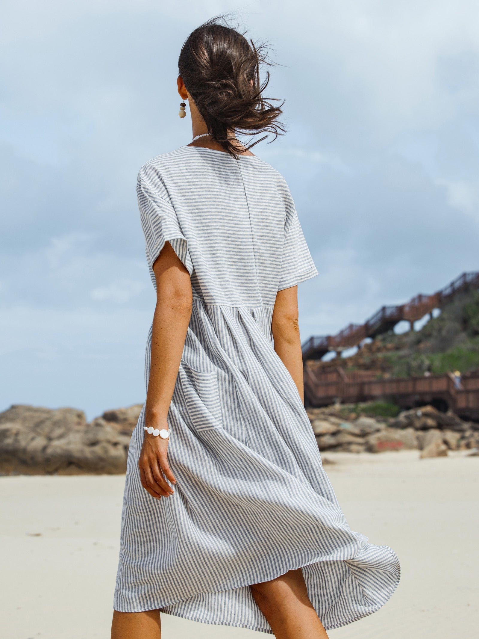 100% Linen Pinstripe Paneled Short-Sleeved Dress MORGAN