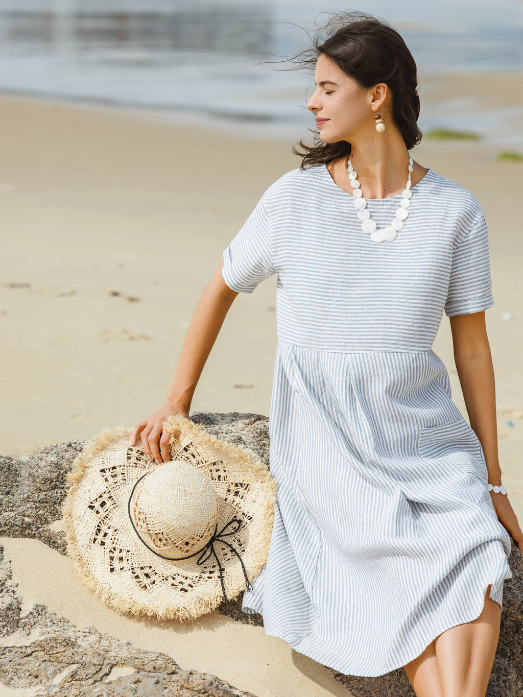 100% Linen Pinstripe Paneled Short-Sleeved Dress MORGAN