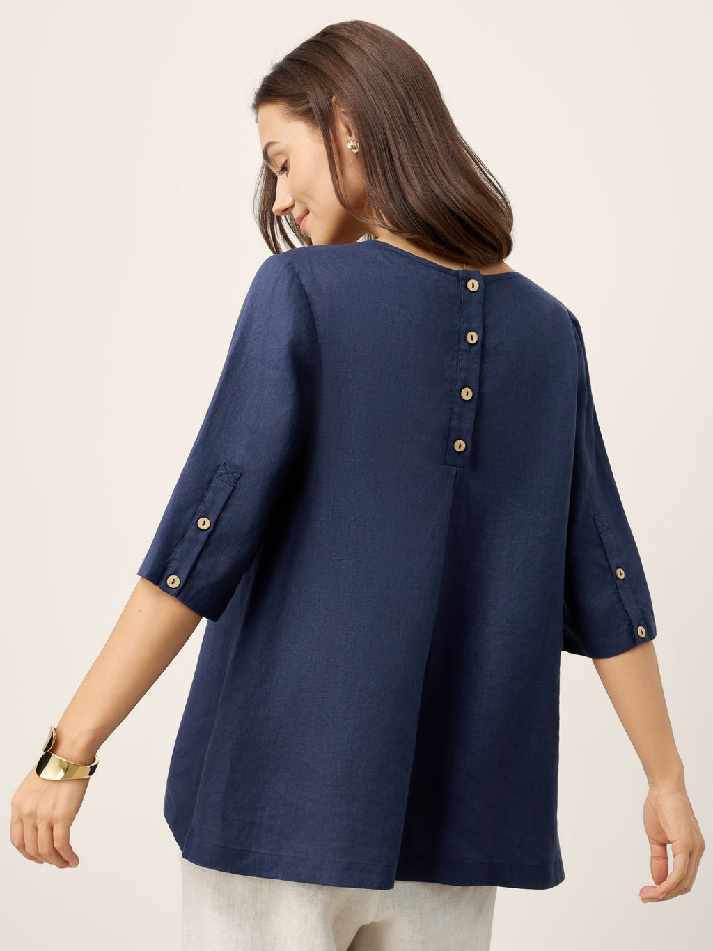 100% Linen Relaxed Back Button Top with Tab Sleeves SYLVANA