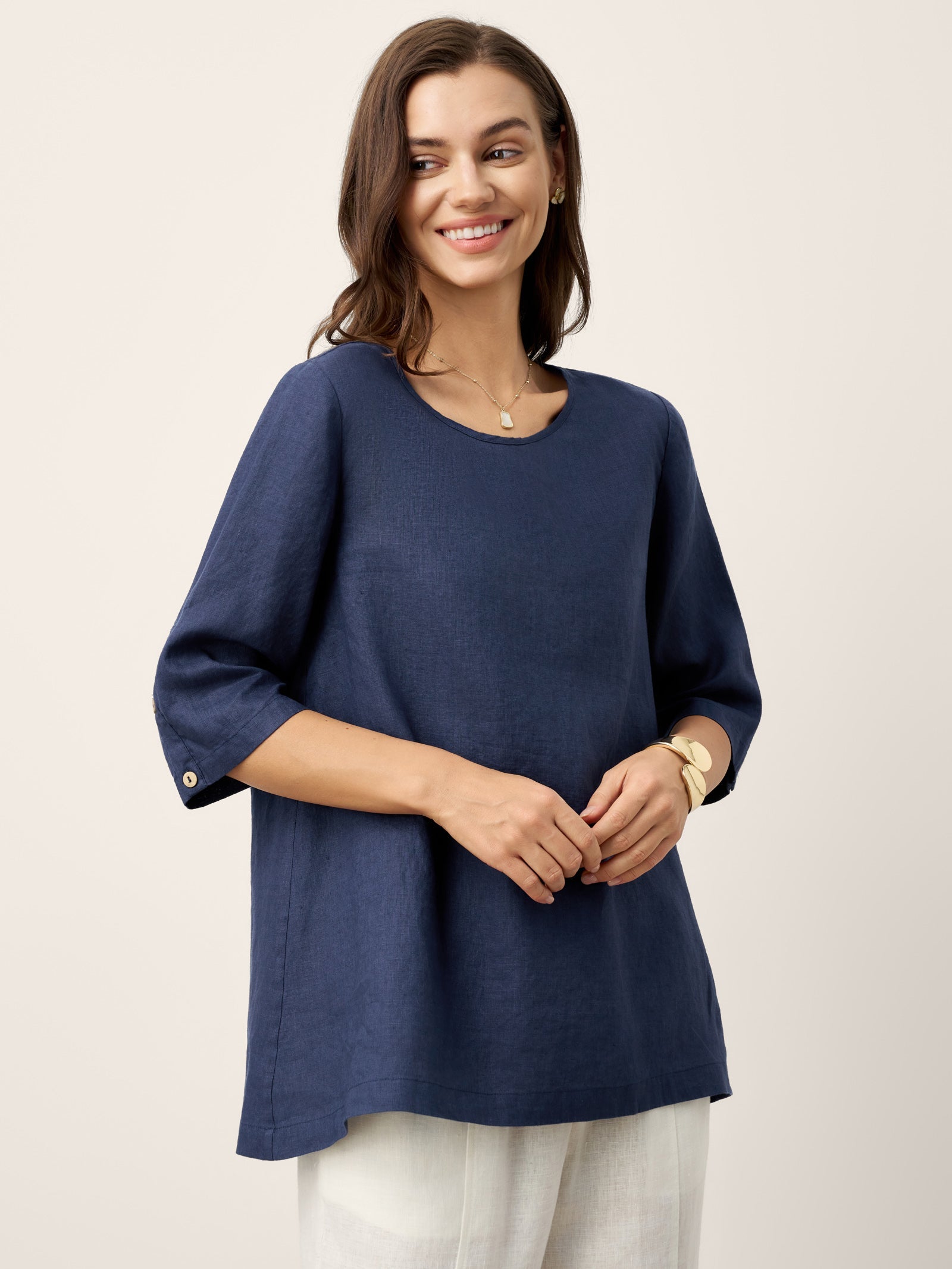100% Linen Relaxed Back Button Top with Tab Sleeves SYLVANA