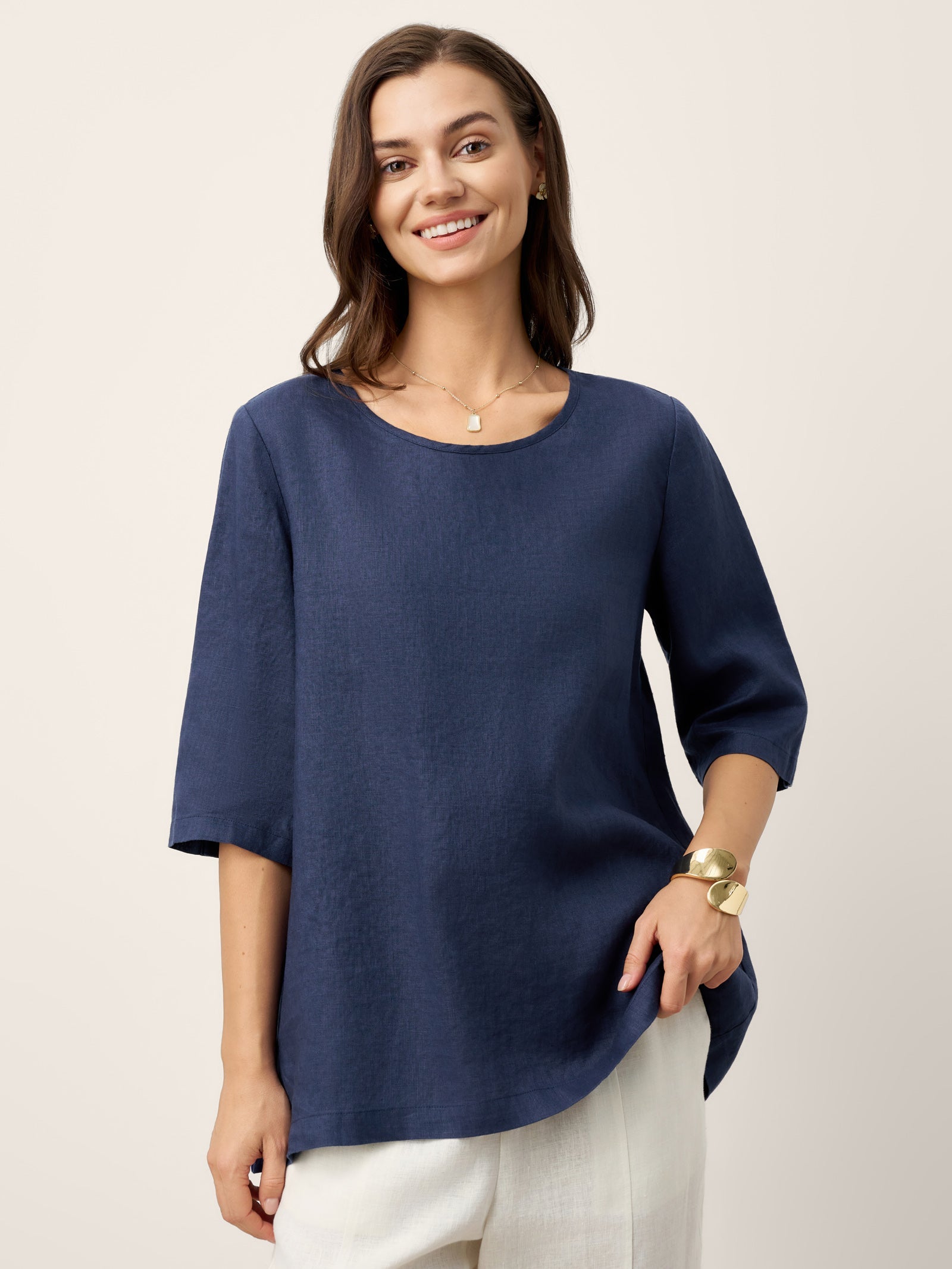 100% Linen Relaxed Back Button Top with Tab Sleeves SYLVANA