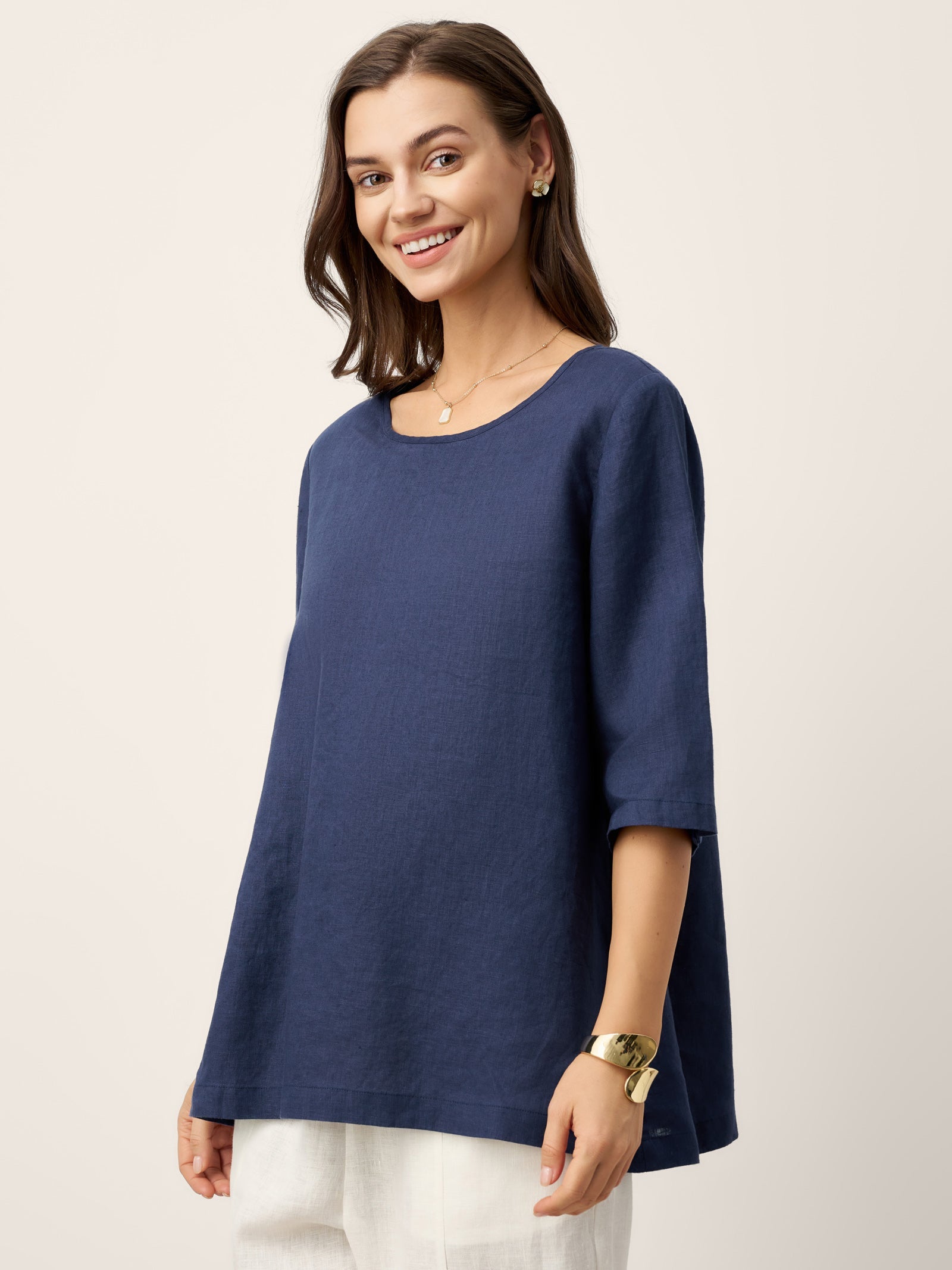 100% Linen Relaxed Back Button Top with Tab Sleeves SYLVANA