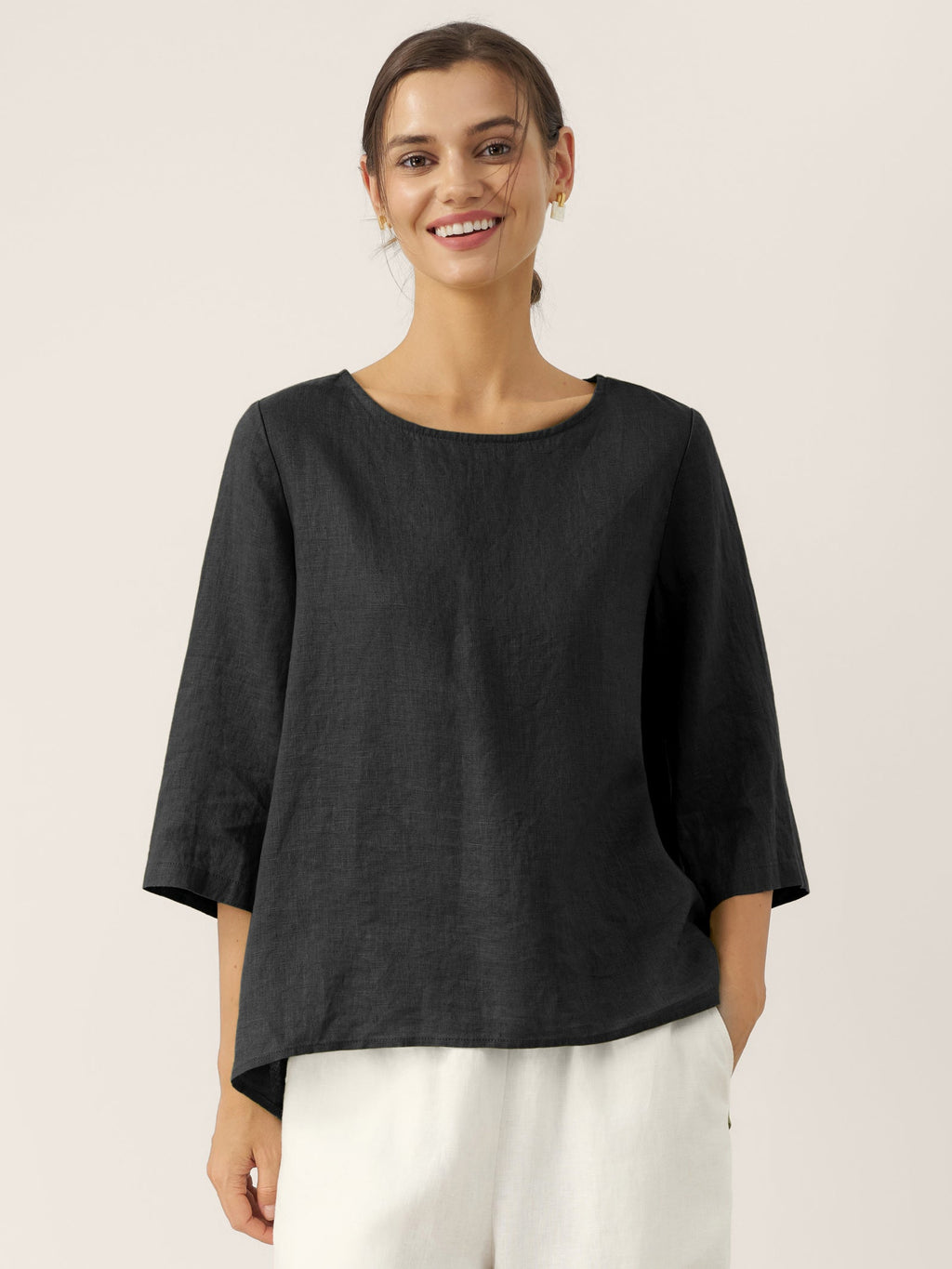 100% Linen Round Neck Asymmetrical Hem Top BRIANNA