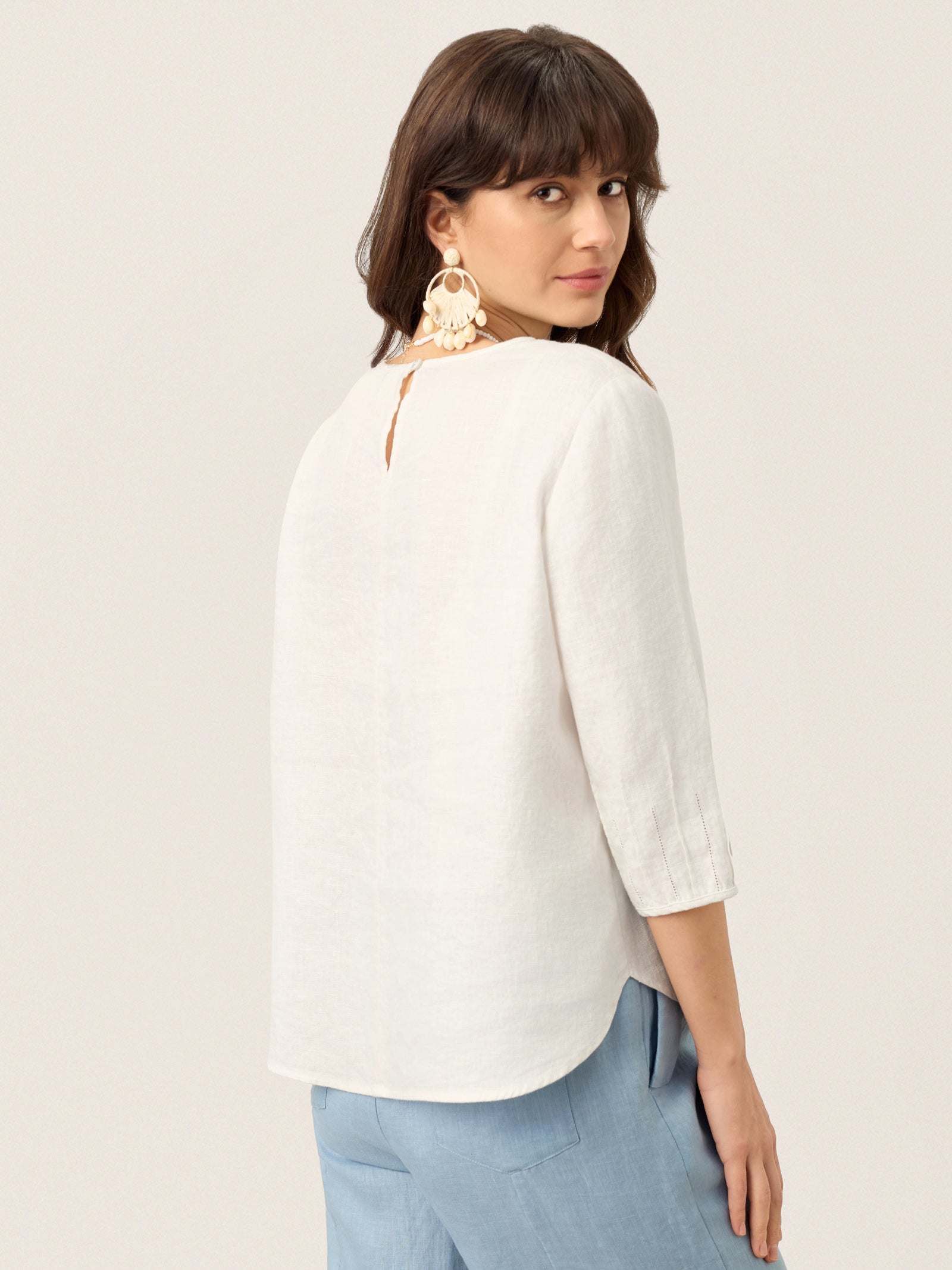 100% Linen Scoop Neck Slit Back Pullover Top FELICIA