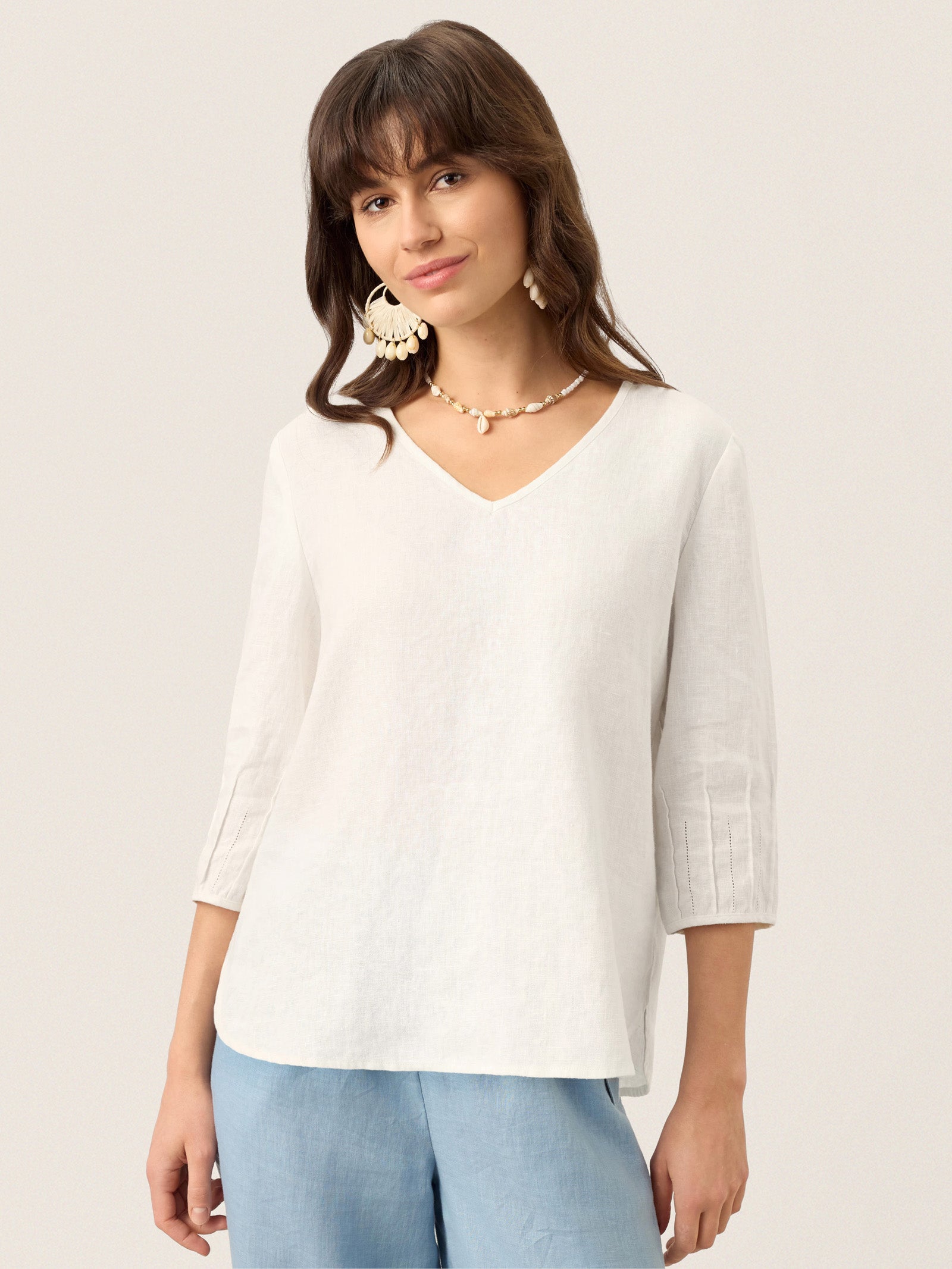 100% Linen Scoop Neck Slit Back Pullover Top FELICIA