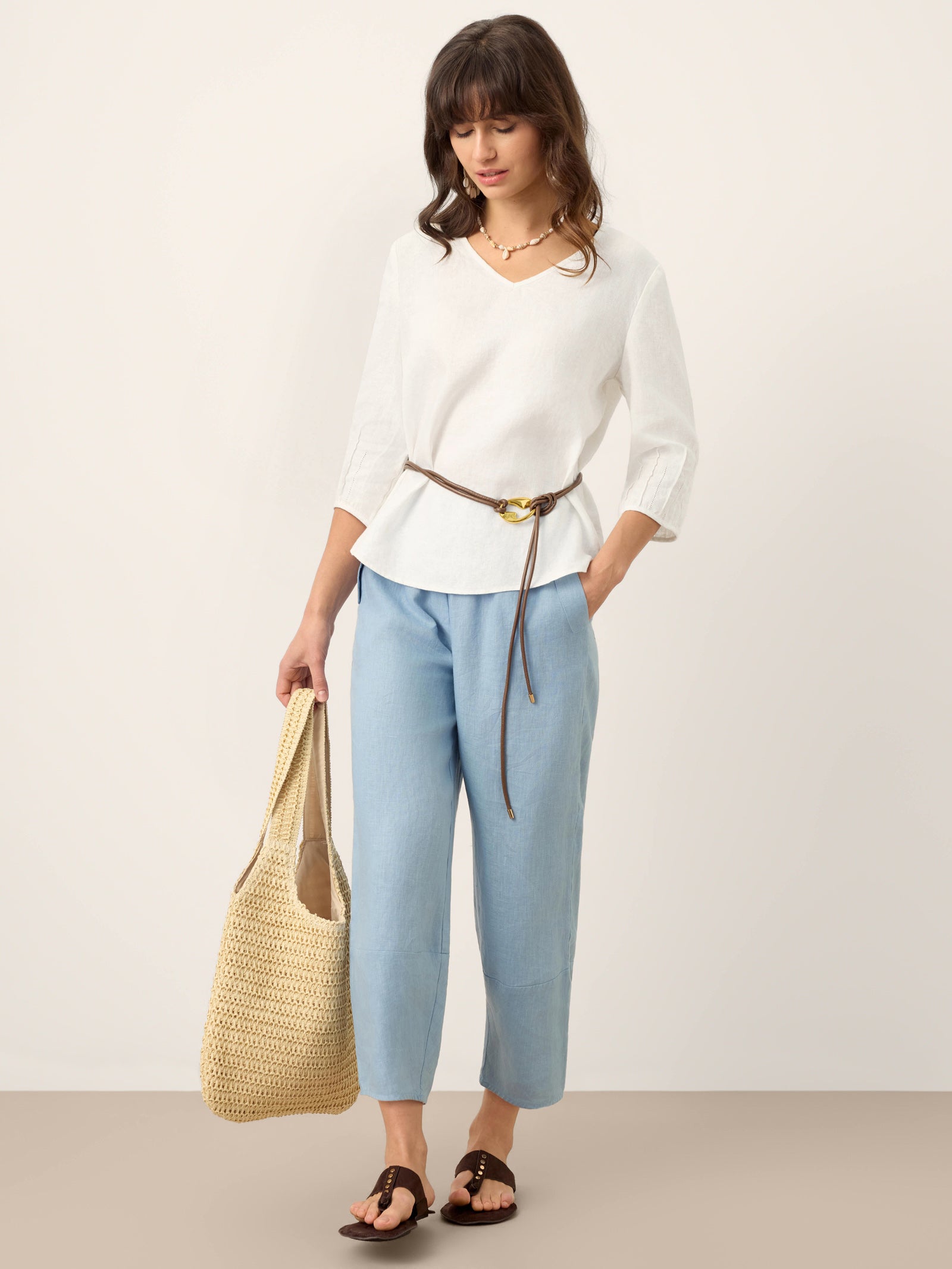 100% Linen Scoop Neck Slit Back Pullover Top FELICIA