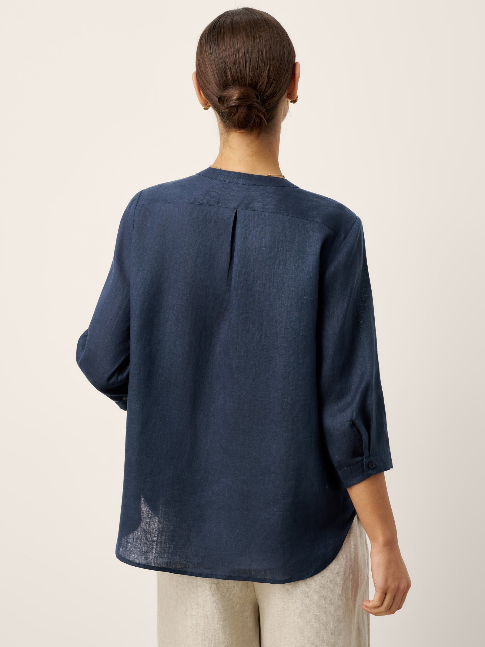 100% Linen Sculpted Accordion Pleat Crew Neck Shirt RANA