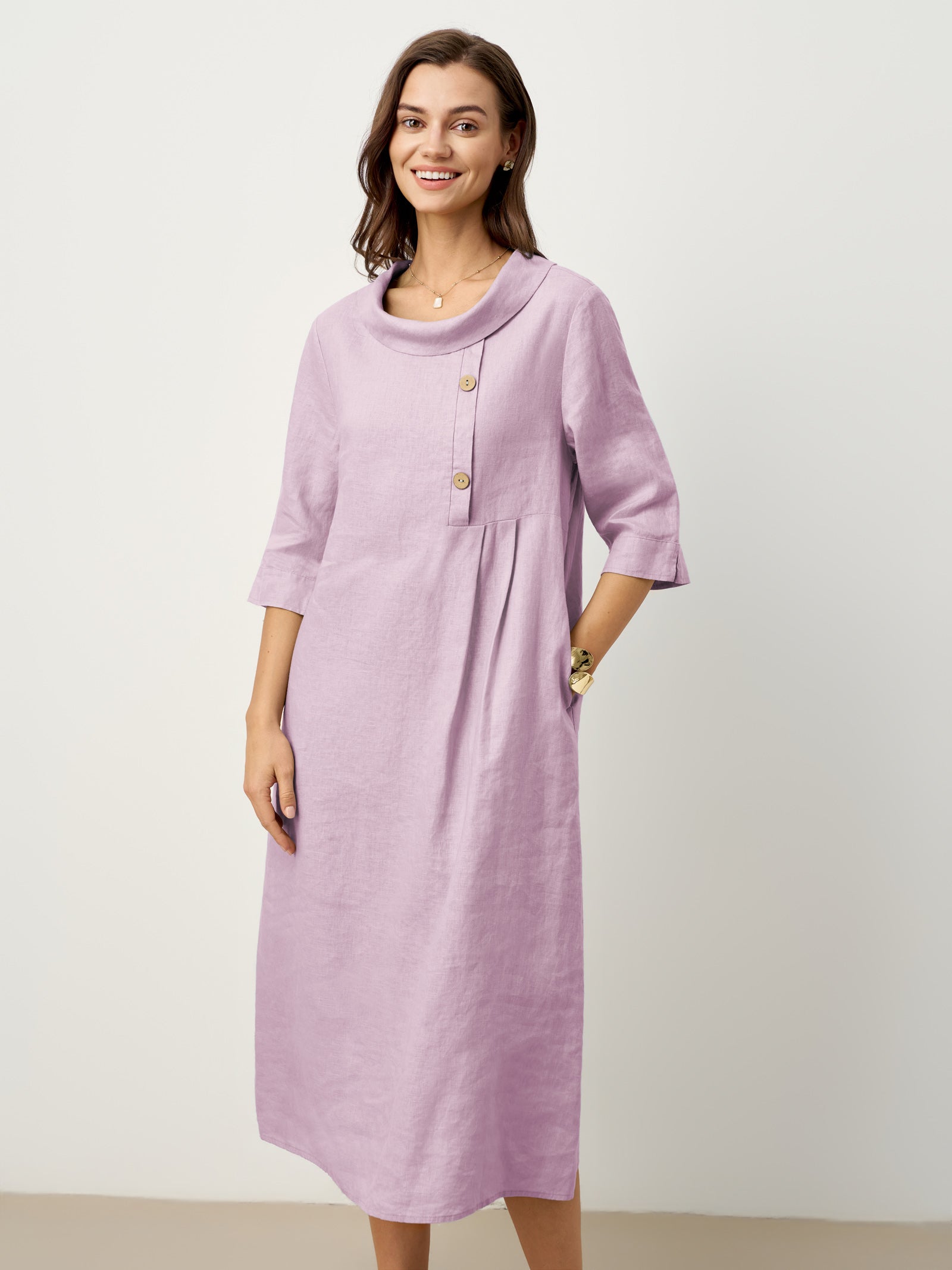 100% Linen Rolled Collar Asymmetric Button Midi Dress ELARAINE