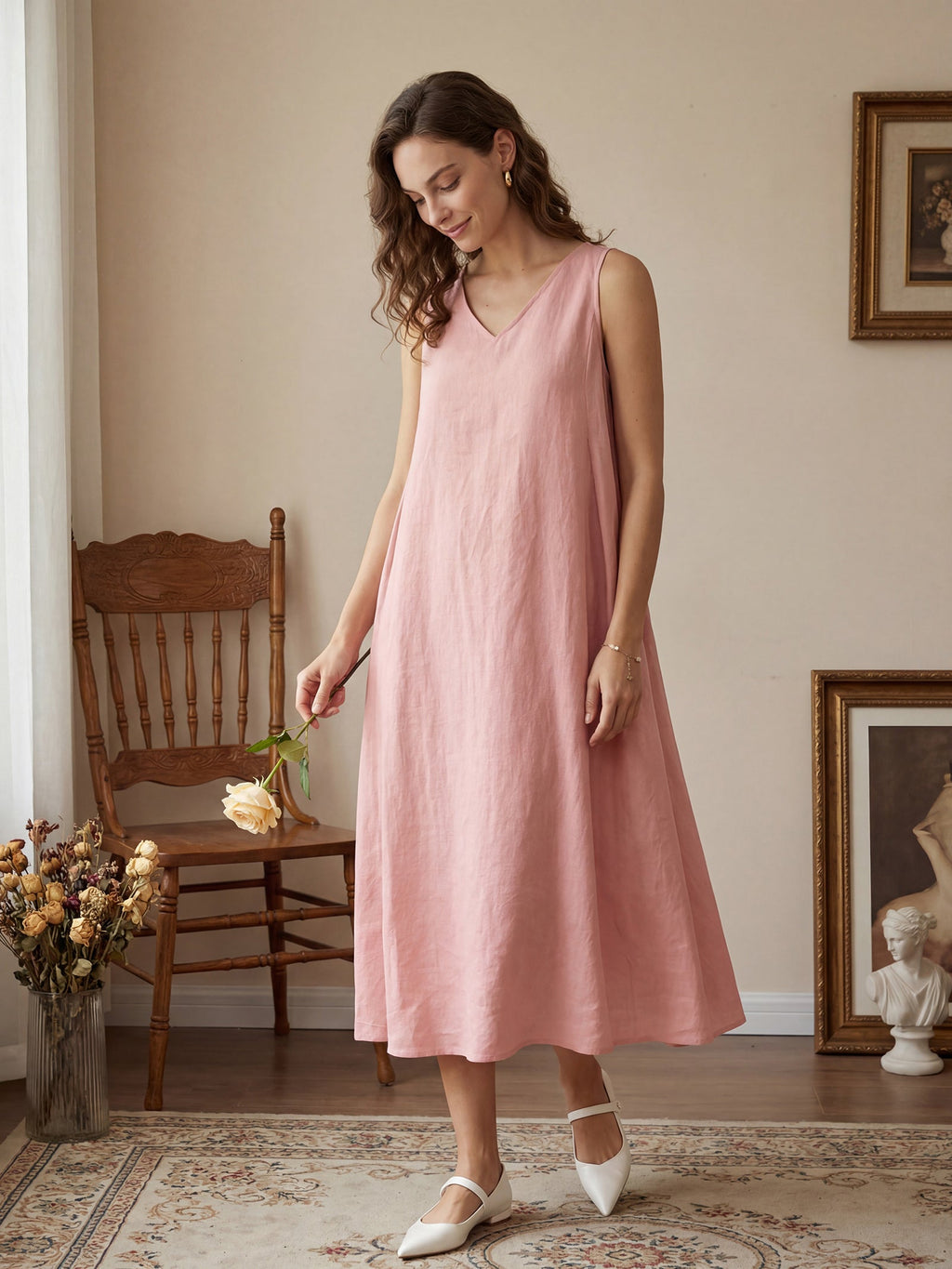 100% Linen Sleeveless A-Line Midi Dress TARA