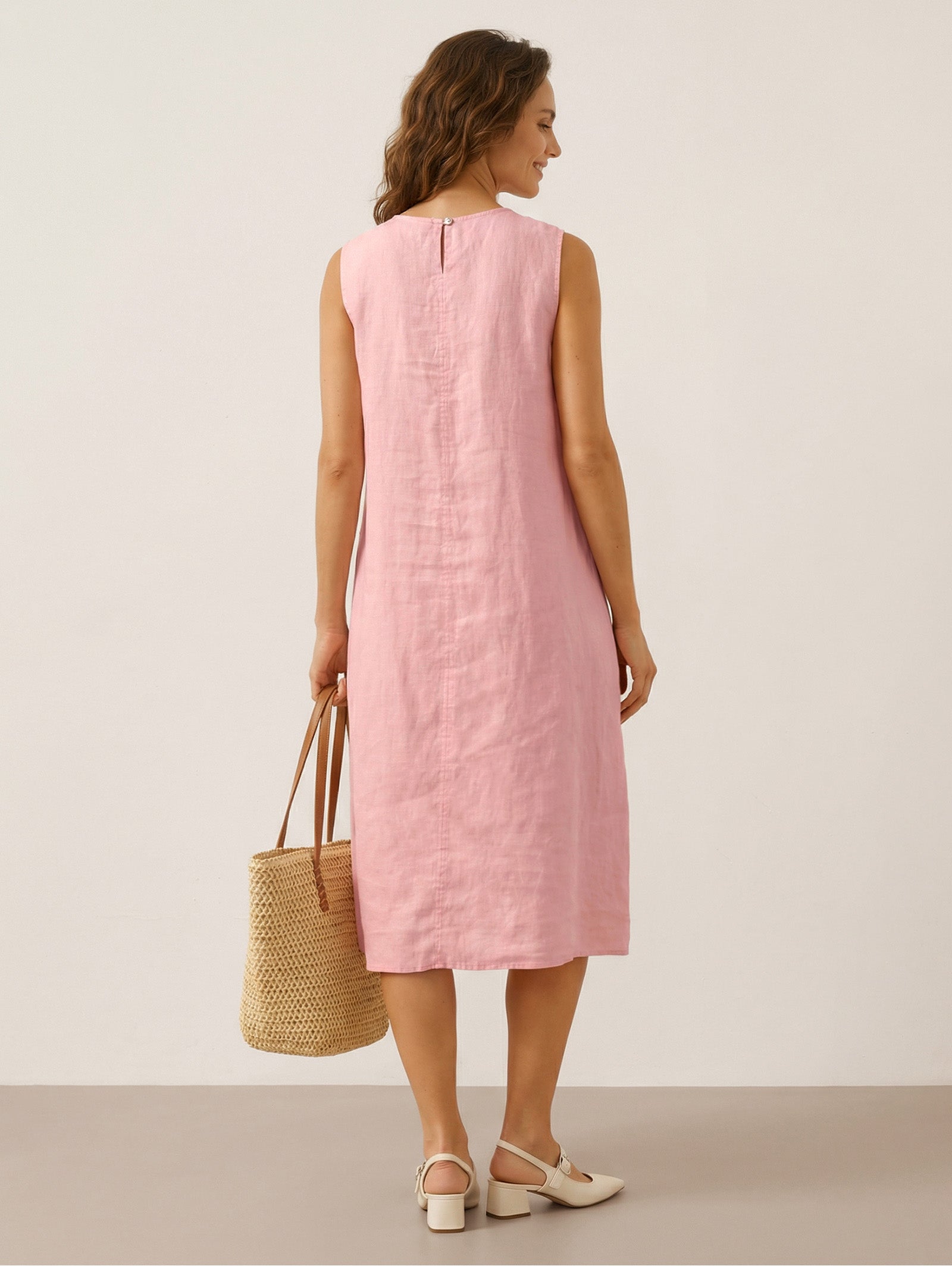 100% Linen Sleeveless Accordion Pleat Midi Dress TINA