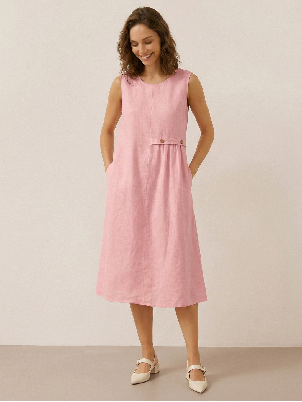 100% Linen Sleeveless Accordion Pleat Midi Dress TINA