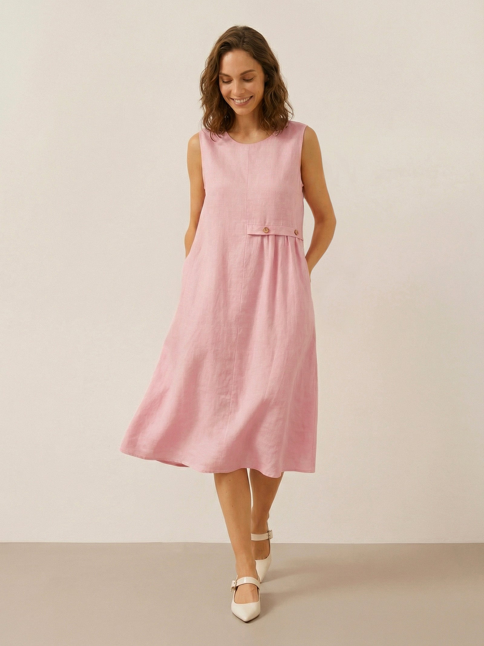 100% Linen Sleeveless Accordion Pleat Midi Dress TINA