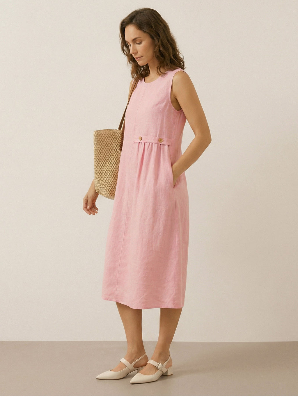 100% Linen Sleeveless Accordion Pleat Midi Dress TINA